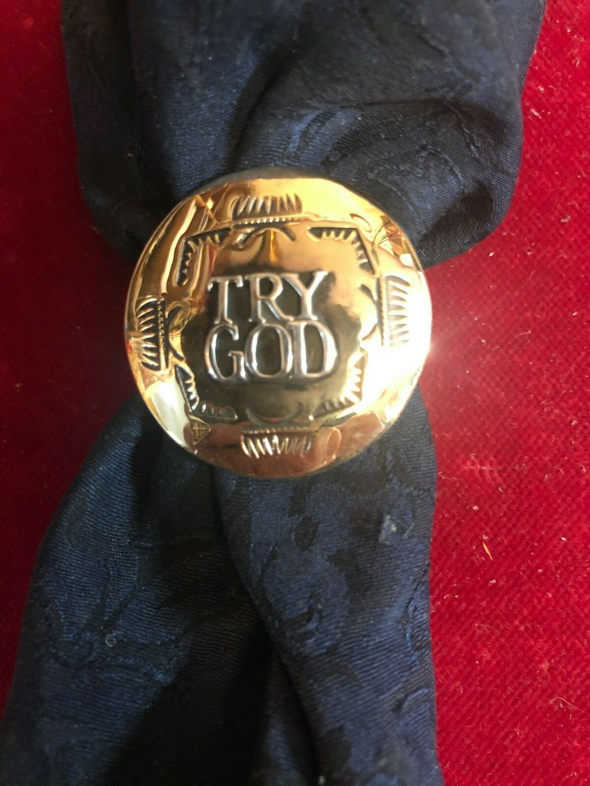 Scarf Slide / Wild Rag Slide: Brass with Sterling, TRY GOD overlay, 1 1/4"