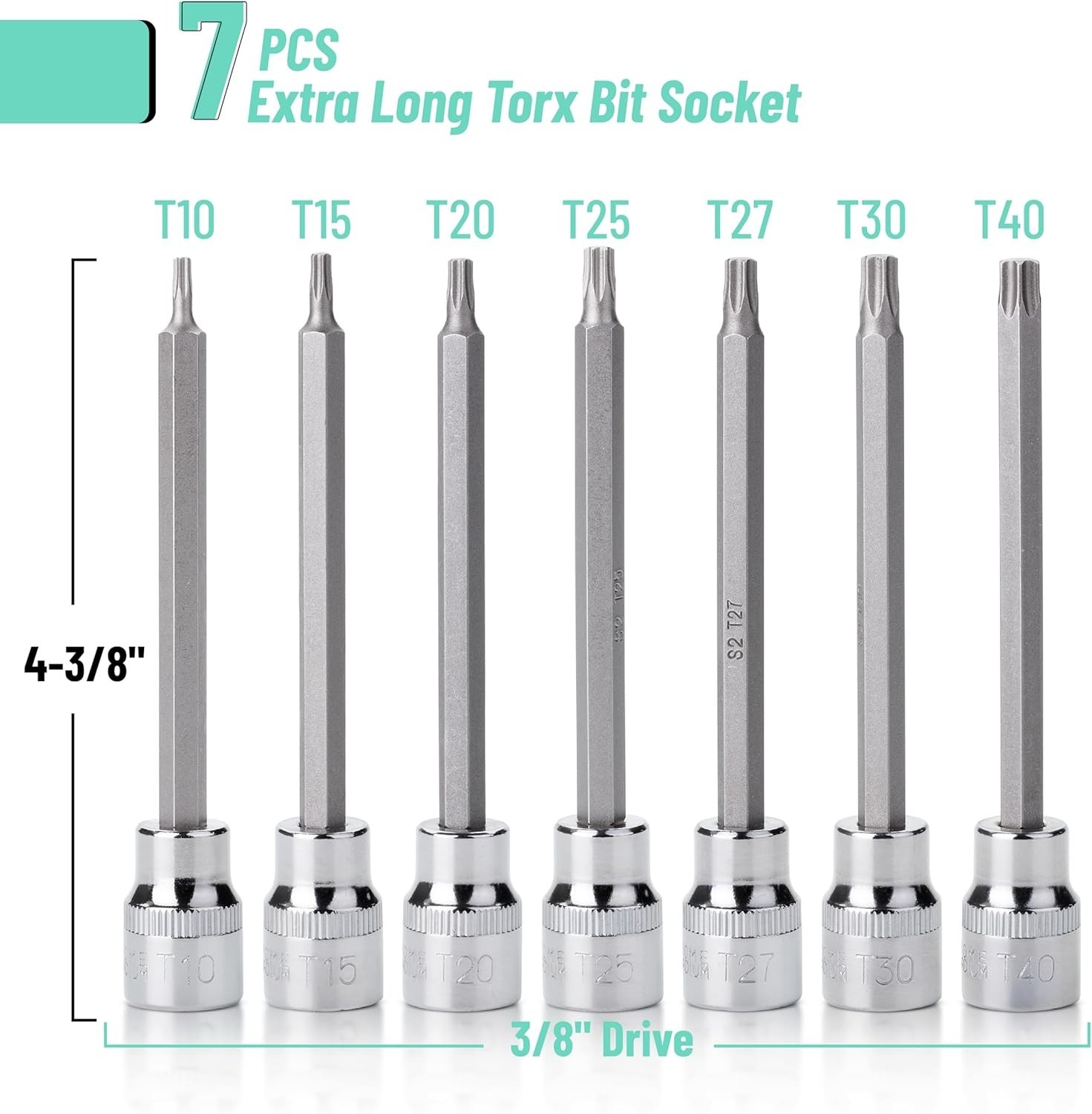 Extra Long Torx Bit Socket Set, 7 Pieces, 3/8" Drive T10-40, 4-3/8" Long Torx S