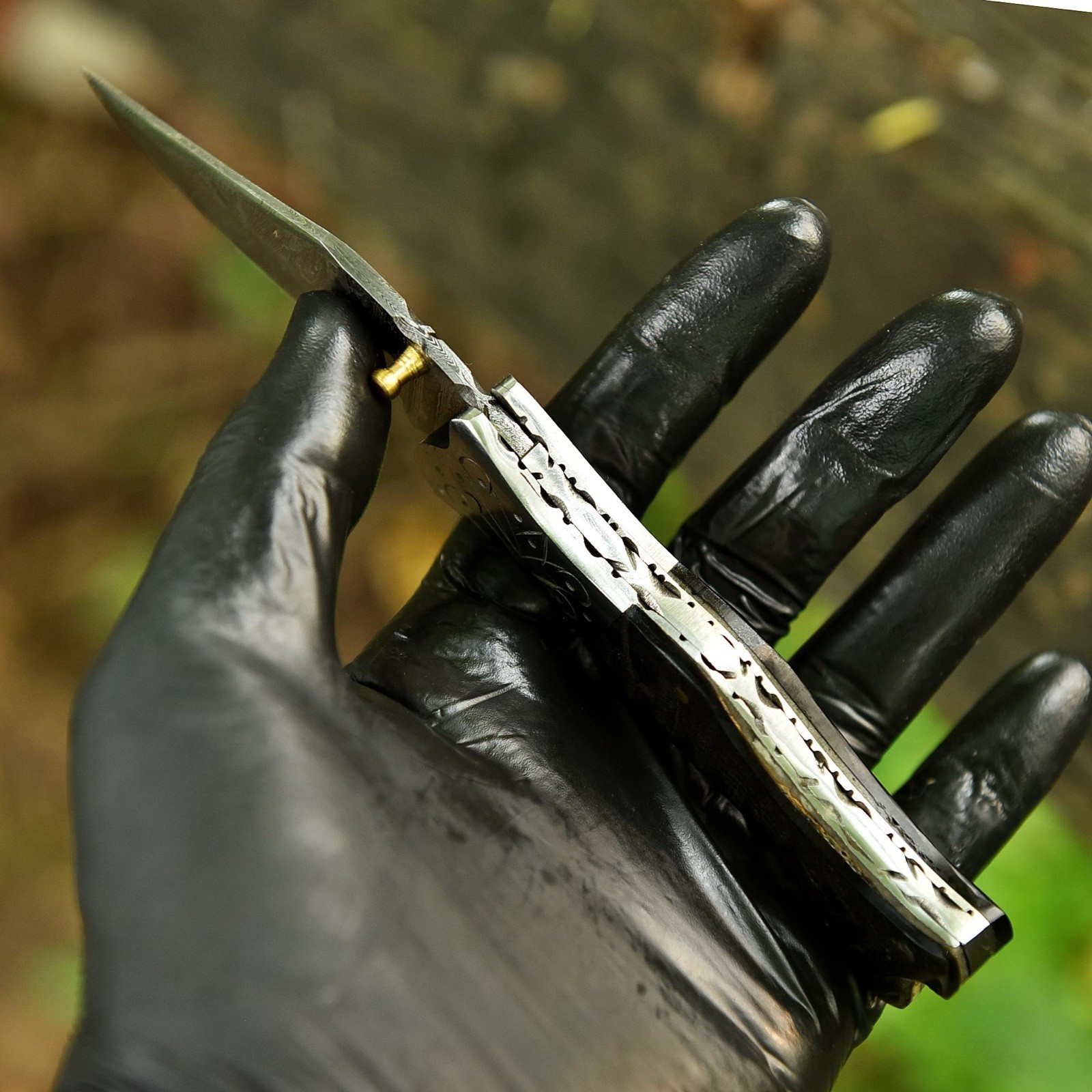Damascus Folding Dagger Blade Pocket Knife Tactical-Double Edge