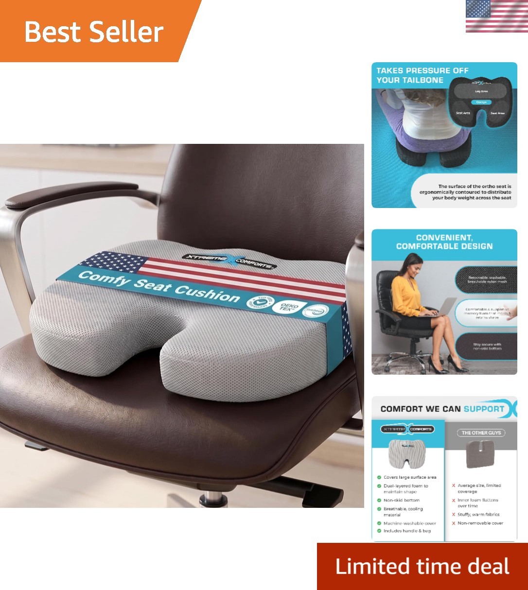Versatile Ergonomic Seat Cushion - Ideal for Office and Travel, Washable Cover