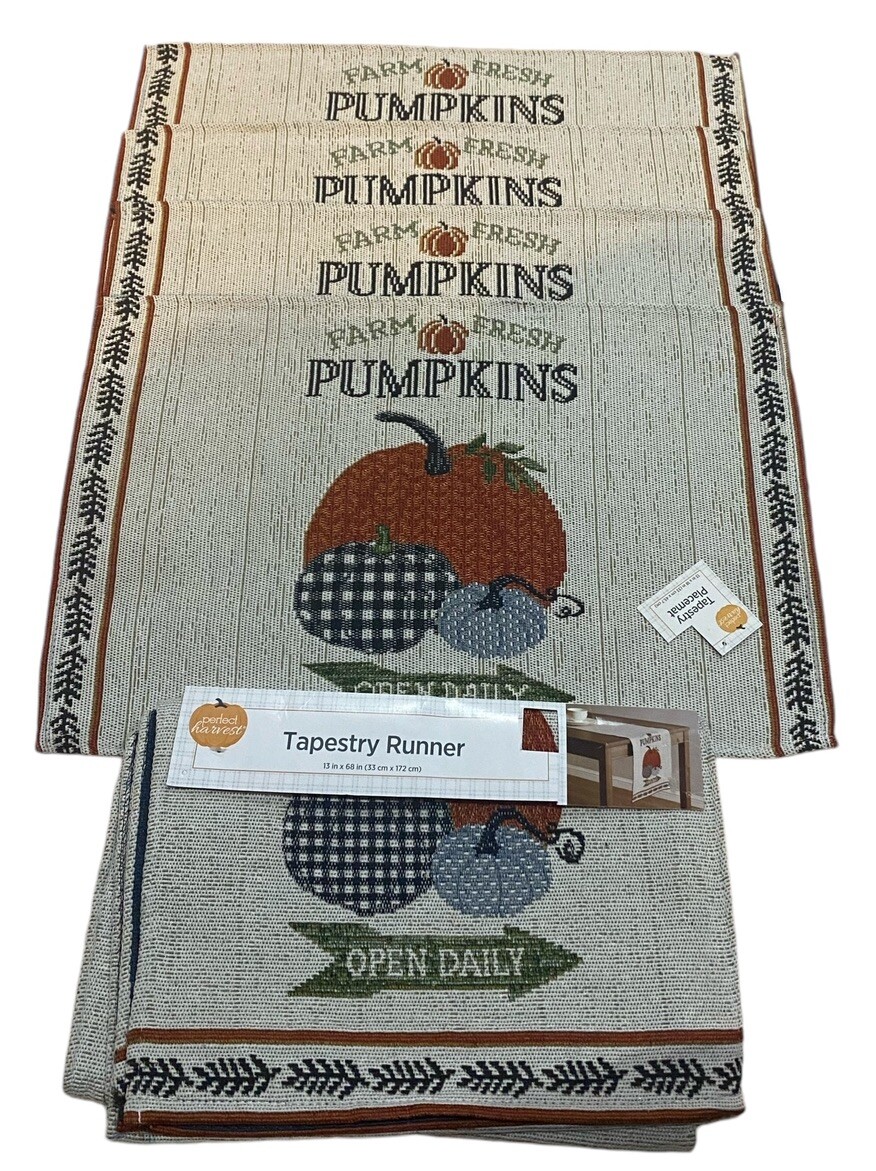 Fall Table Runner Placemat Set Farm Fresh Pumpkins Tapestry Harvest Décor