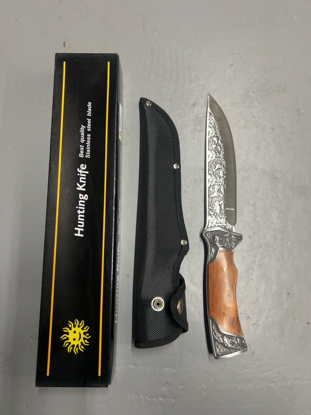 Fixed Blade Hunting Knife Engraved Wildlife Blade Wood Handle w/ Nylon