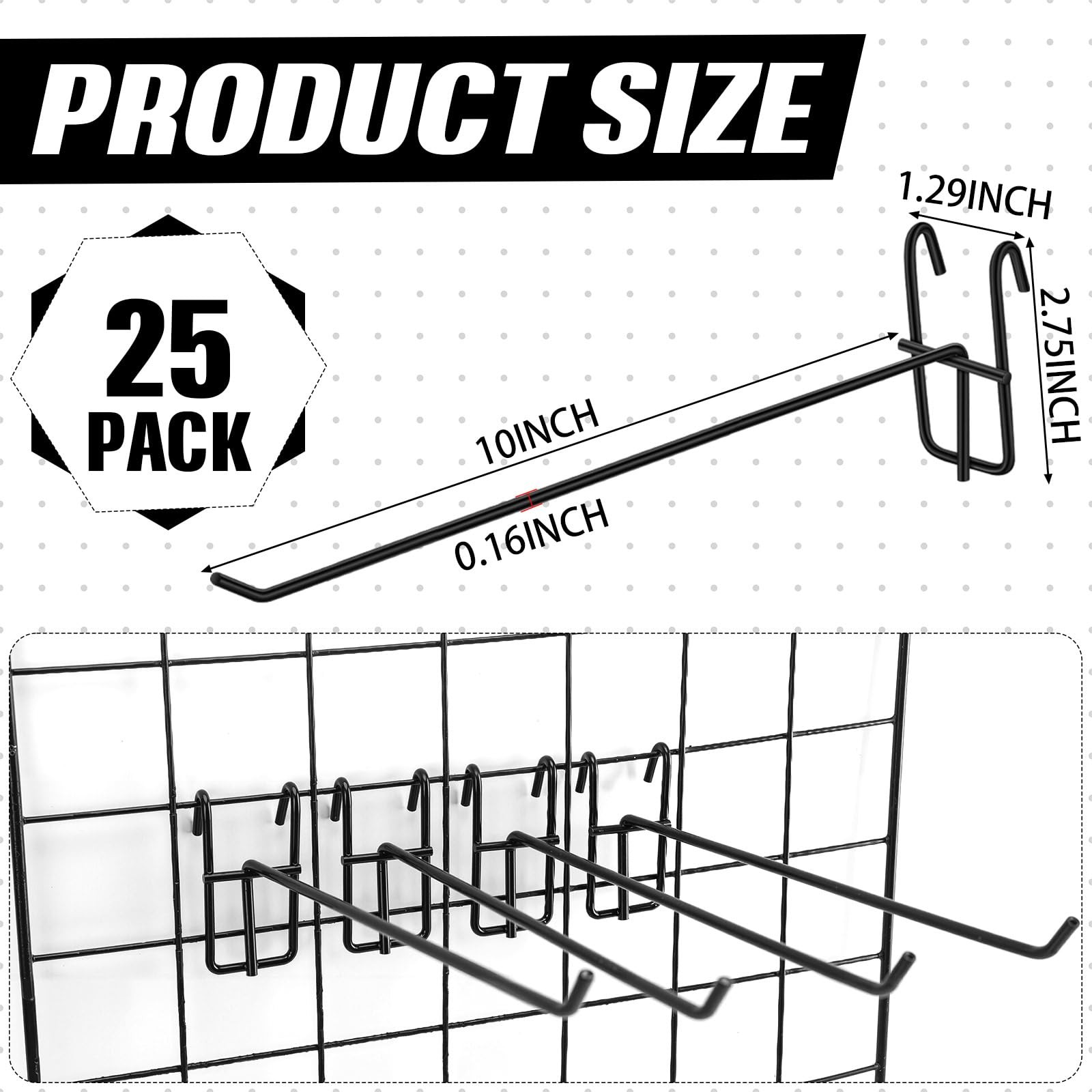 25 PCS 10 Inch Grid Wall Hooks Gridwall Panel Store Garage Organizer Black