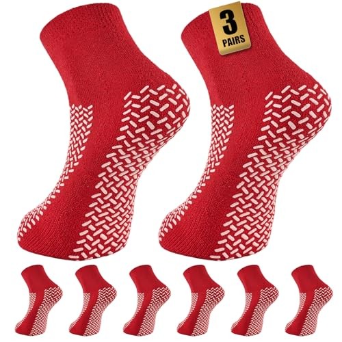 Hospital Grip Socks, 3 Pairs Double Sided Grippy Non Slip Socks, 10-15 Red
