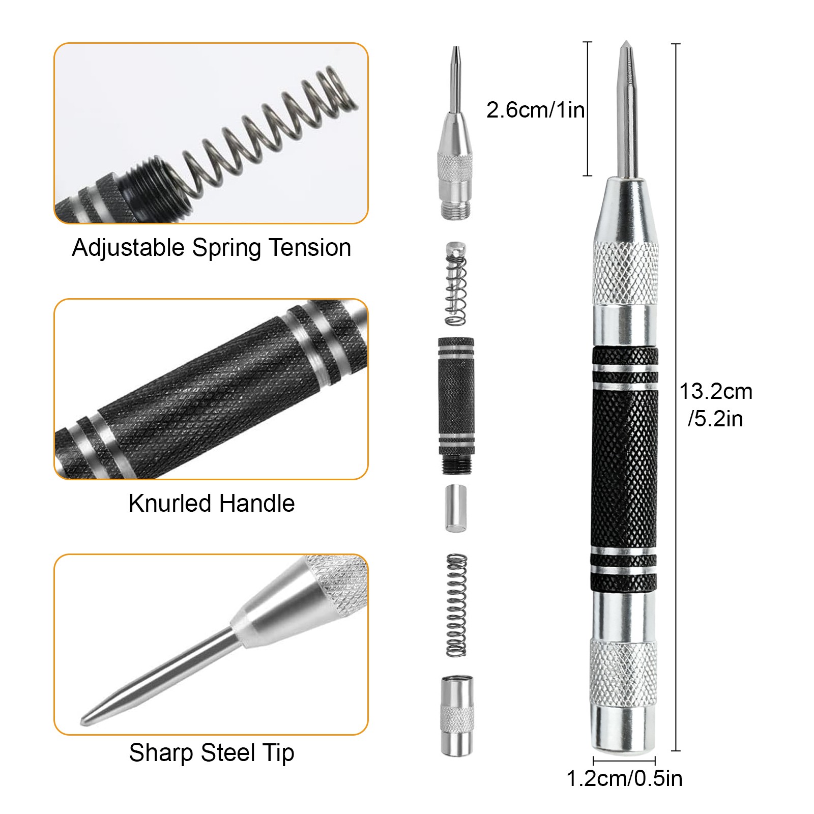 3pcs Automatic Center Punch Set Strike Spring Loaded Marking Starting Hole Tool