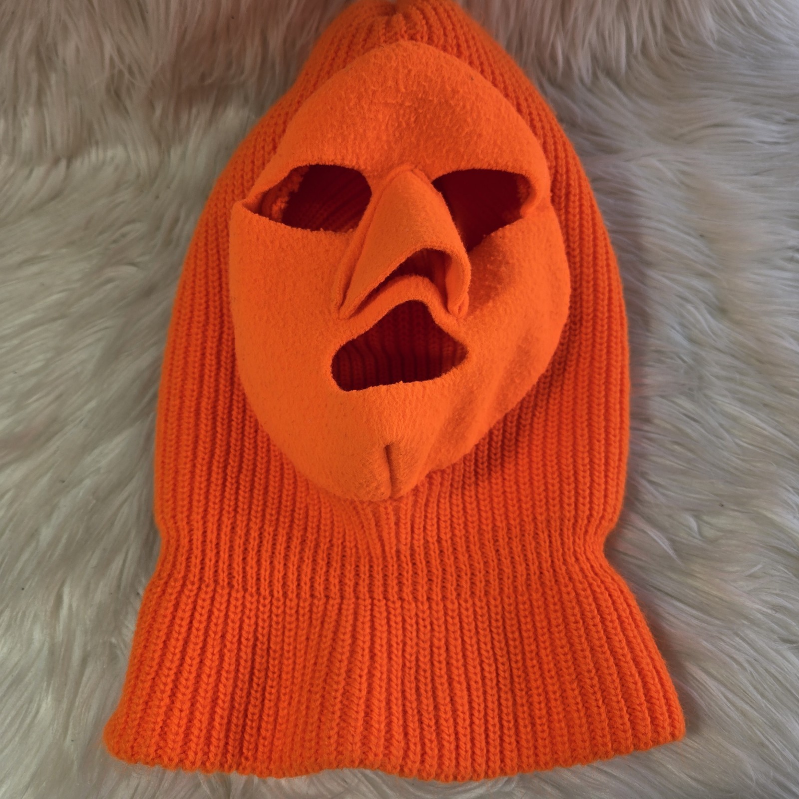 Vintage Balaclava Ski Full Face Mask Hat Orange Fleece Knit USA Made in USA Hunt