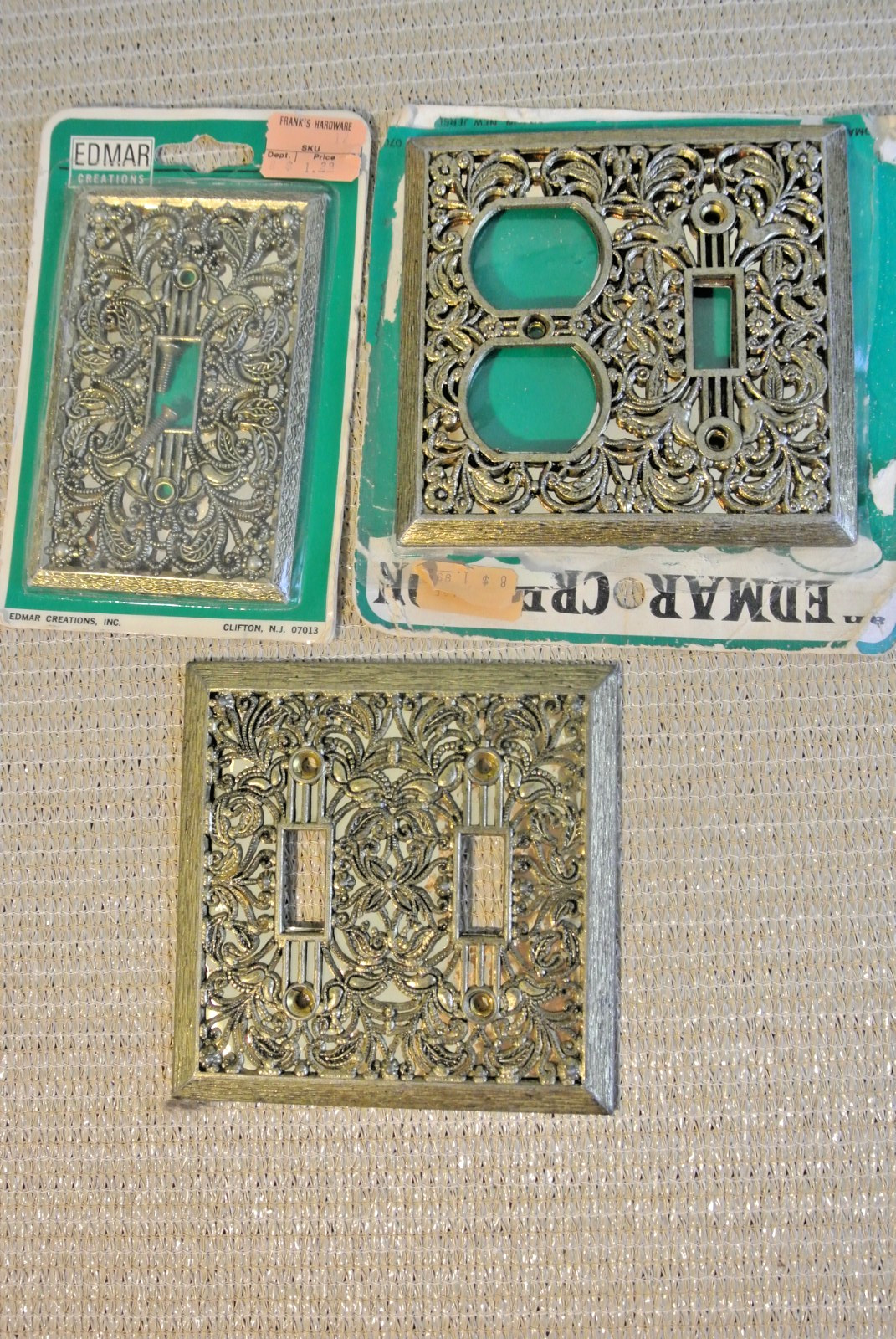 3 Edmar Light Switch Cover Plates Ornate Filigree Floral Gold Metal Vintage