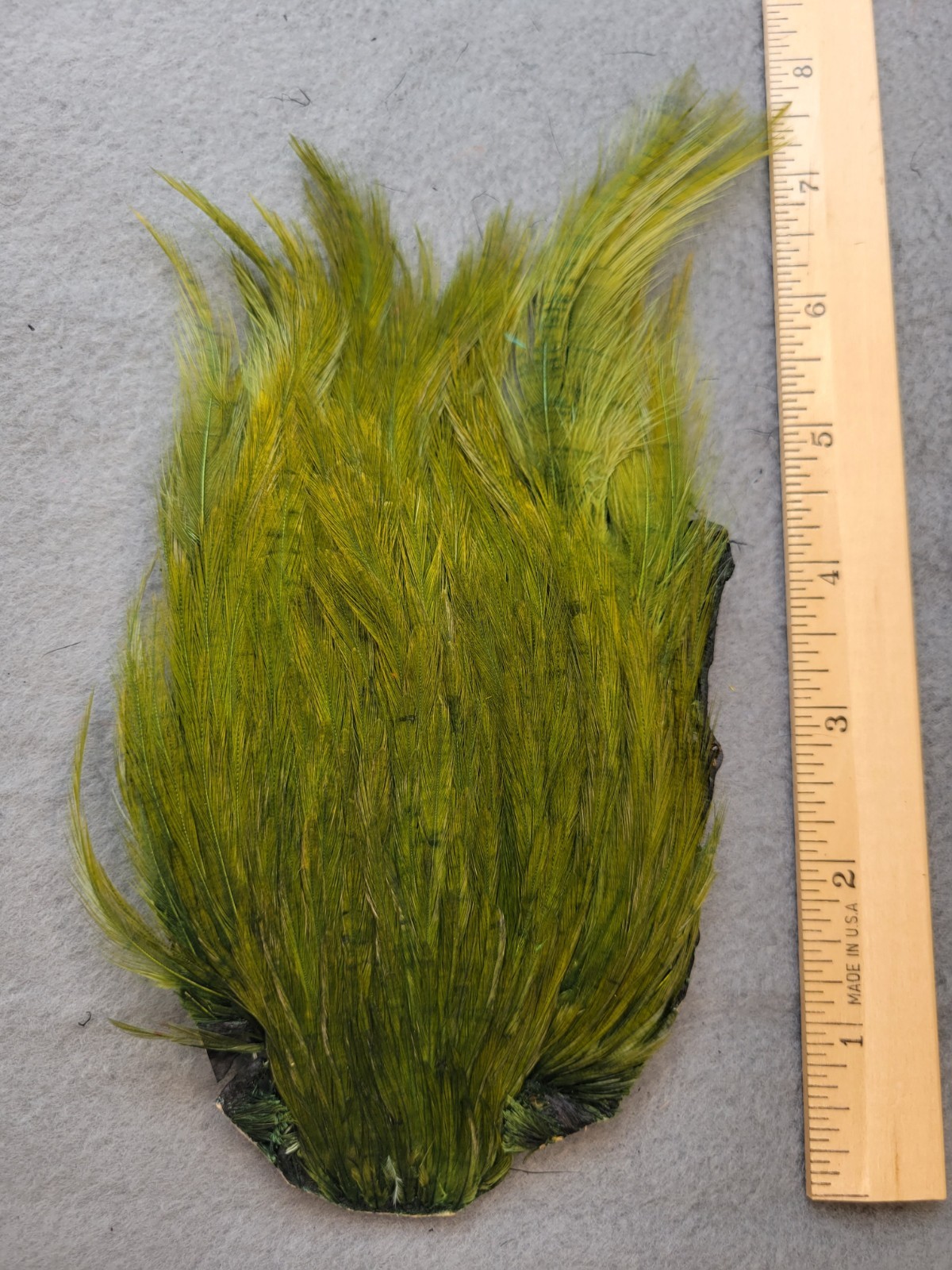 Lot 182,  Grade B,  DYED DARK OLIVE India Rooster Streamer Neck Cape Feathers