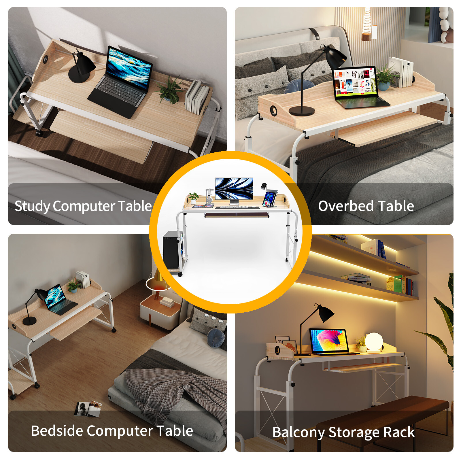 Over bed Table Desk Height Adjustable Rolling Laptop Computer Desk Cart For Home