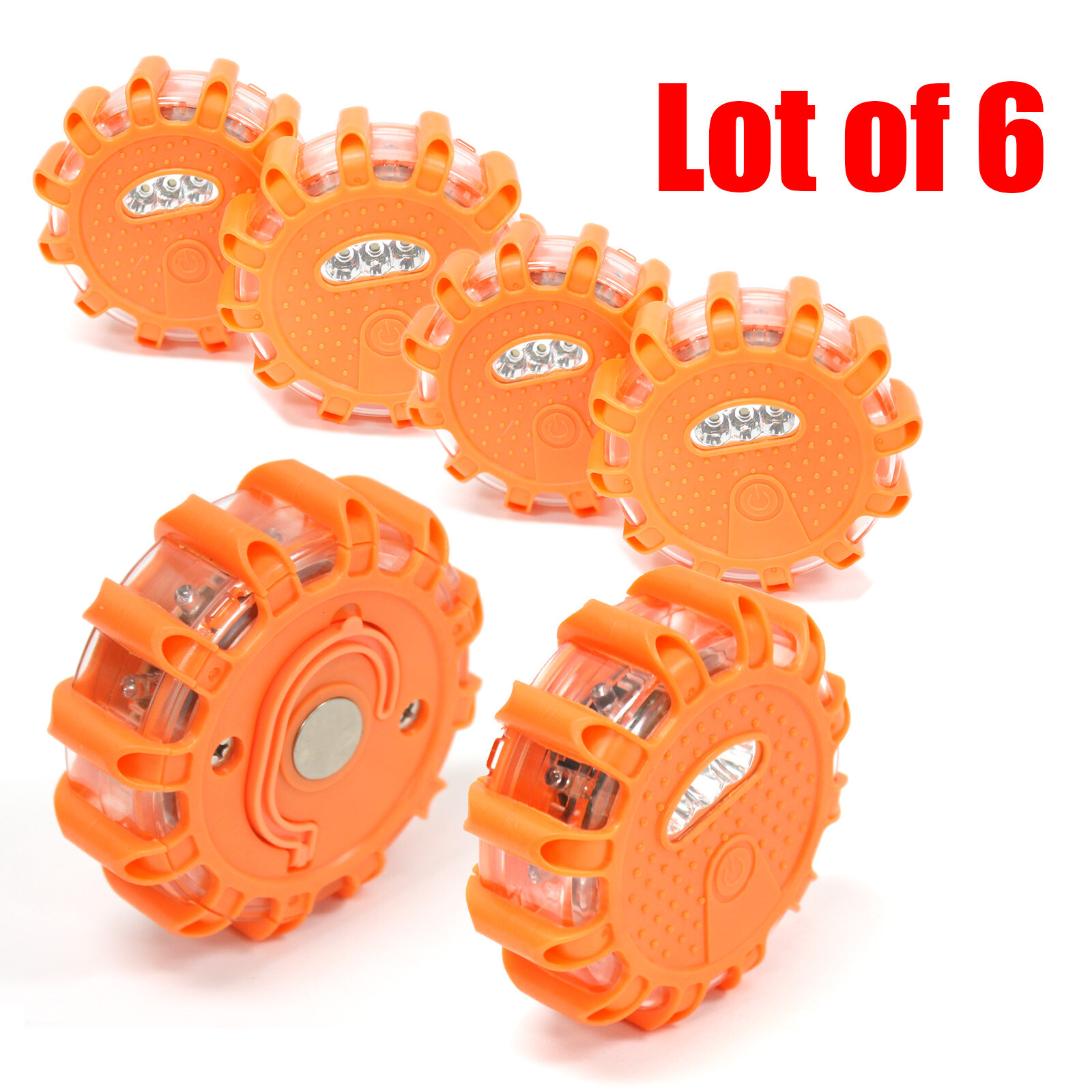 Lot of 6 LED Safety Flare Emergency Warning Disc Light Flashing Roadside Beacon