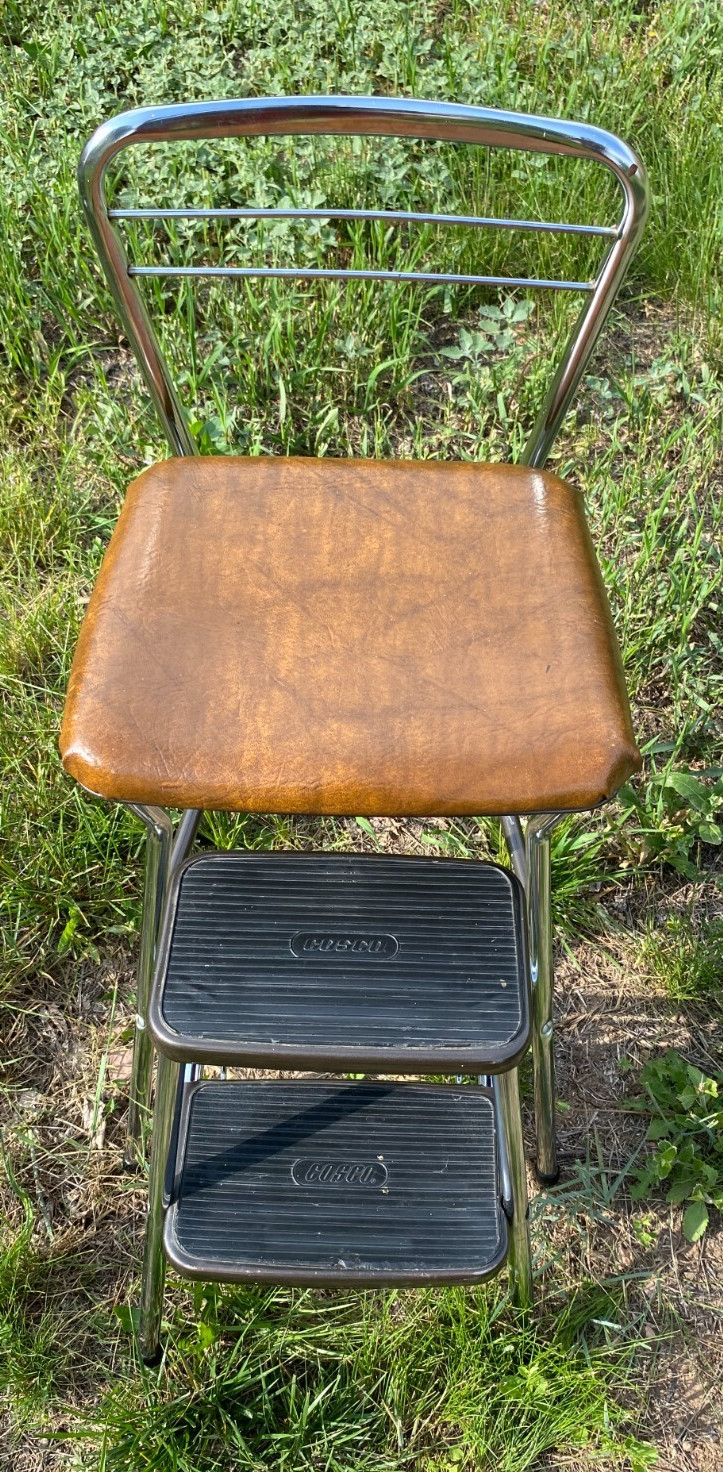 Vintage Cosco Chrome Kitchen 2 Step Stool Brown Seat 32 Inches Tall