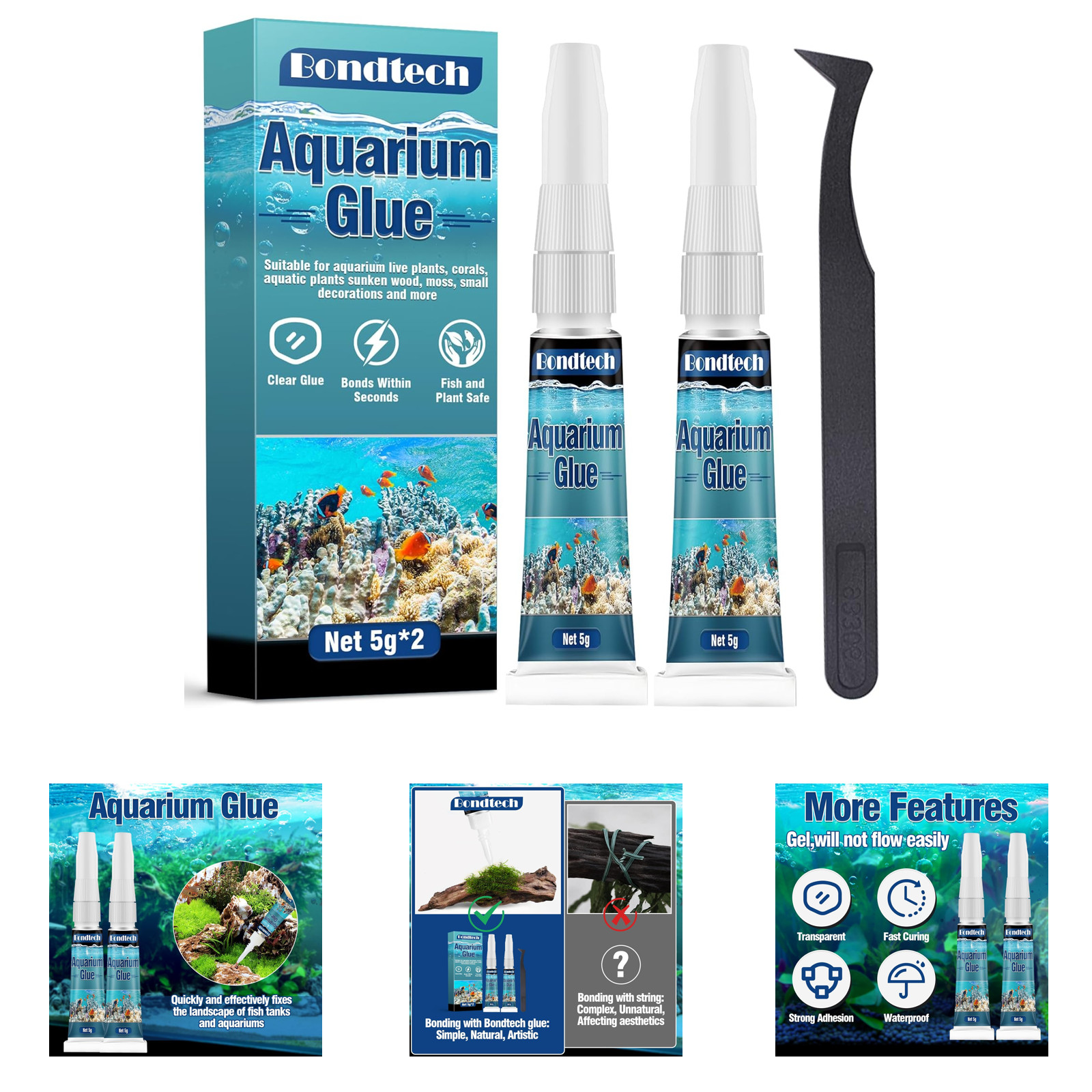 Aquarium Glue, Clear Reef Coral Adhesive, Instant Bond for Plants Rocks Mosses