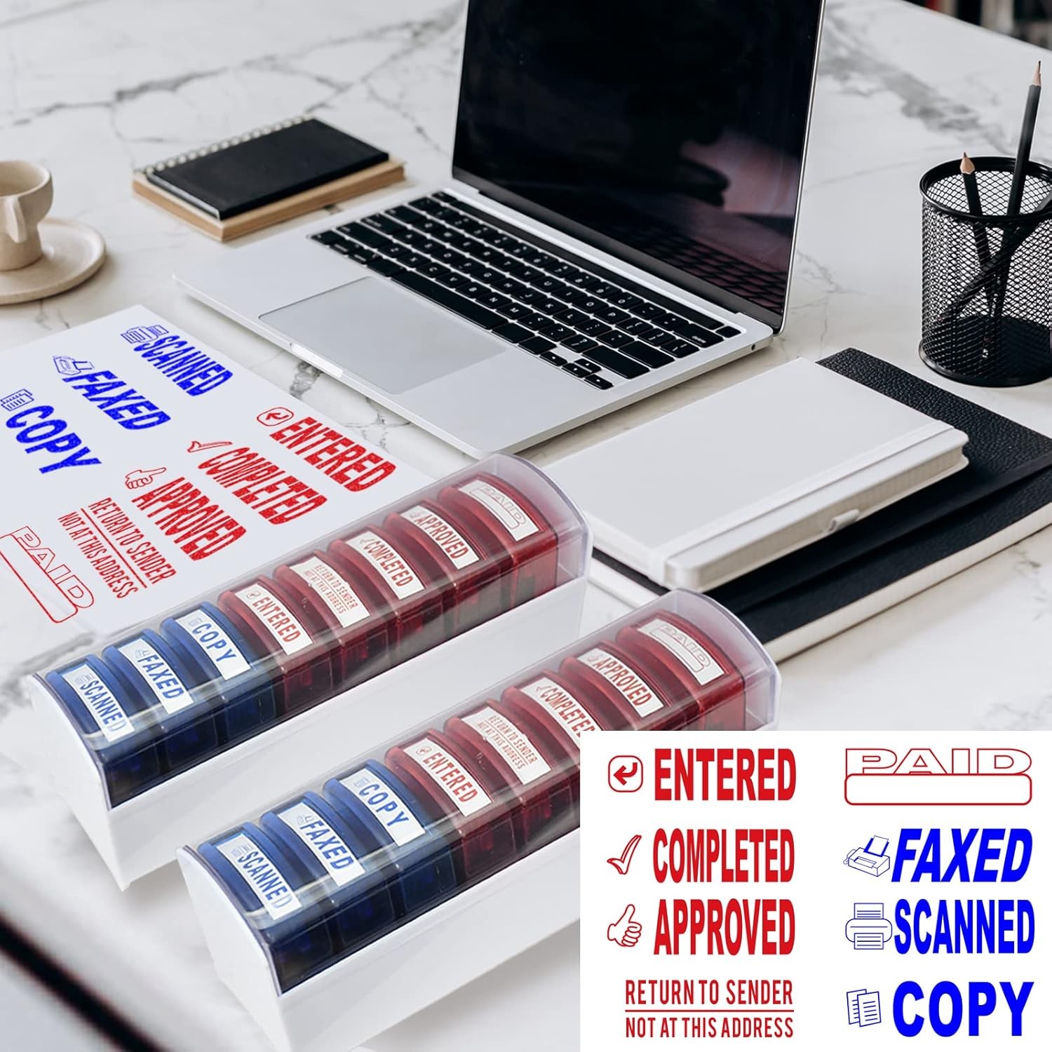 Self Inking Office Stamp Set for Approved Paid Completed Copy Faxed
