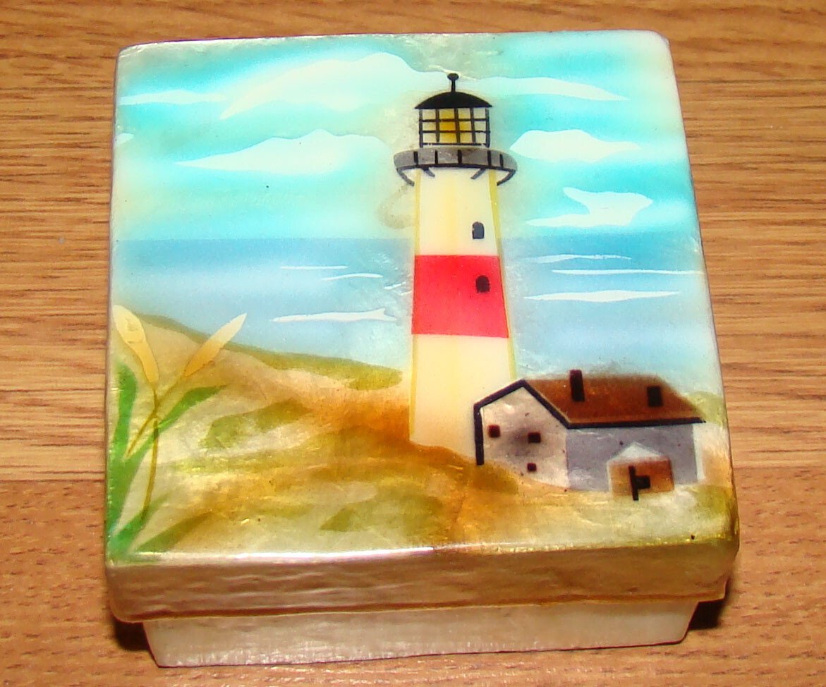 CAPIZ  Lighthouse (Shell) Hand-Painted Trinket, Jewelery Boxes (1293)