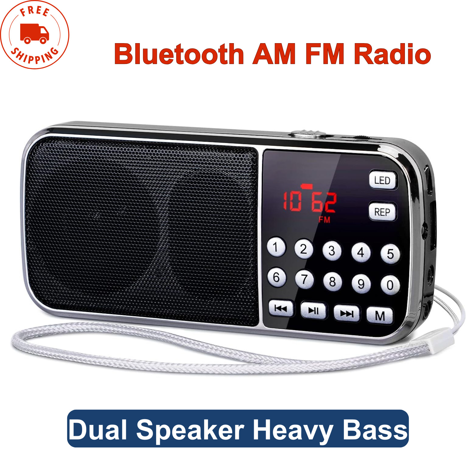 J-189 Bluetooth AM FM Radio, Small Portable Radio - Dual Speaker Heavy Bass, LED