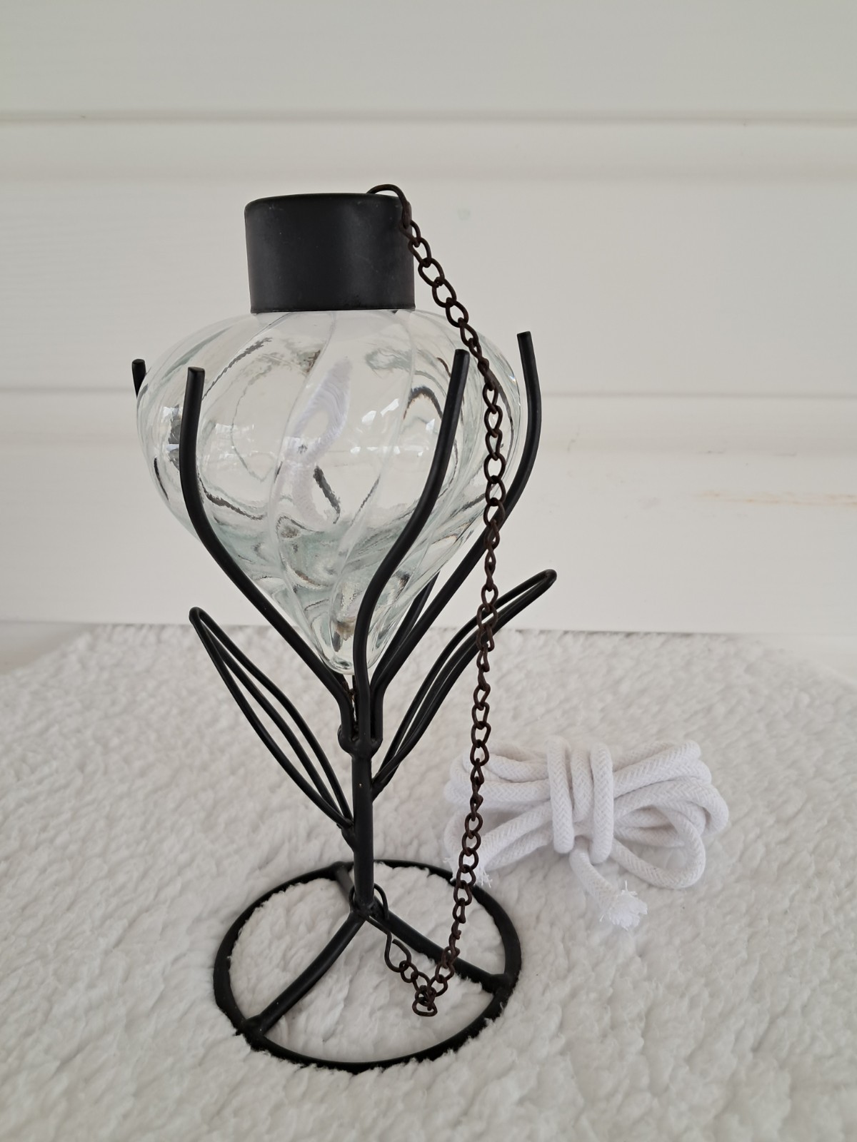 Vintage Glass Globe Indoor/Outdoor Oil Lamp In Wrought Iron Stand, Collectible