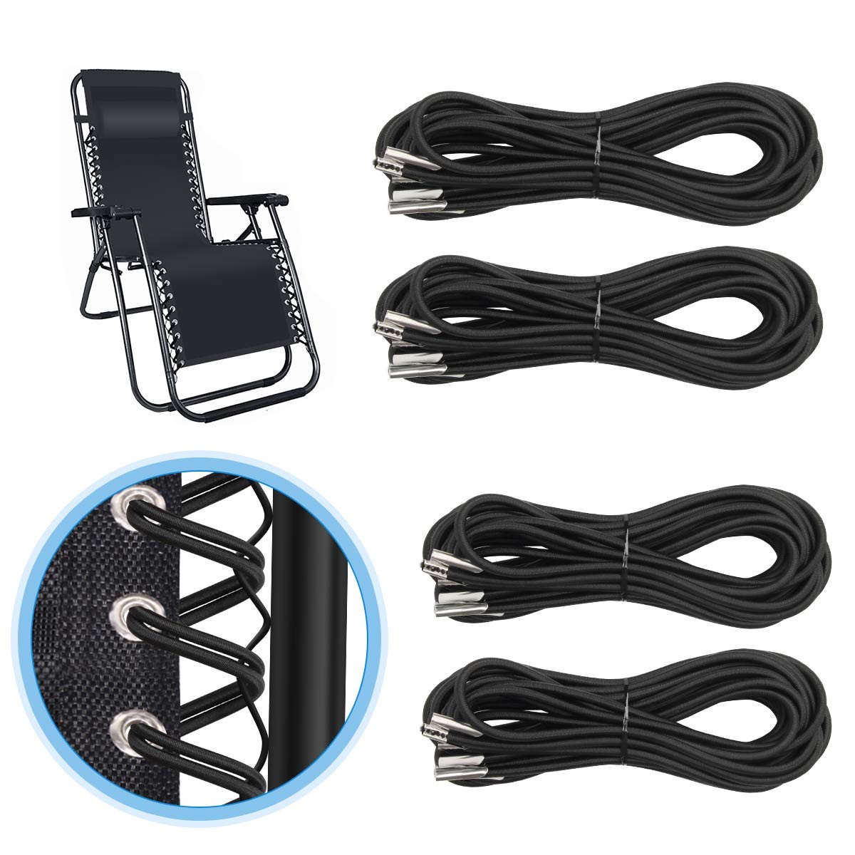 Universal Replacement Cord for Zero Gravity Chair, 4 Pack Elastic Cords Blac
