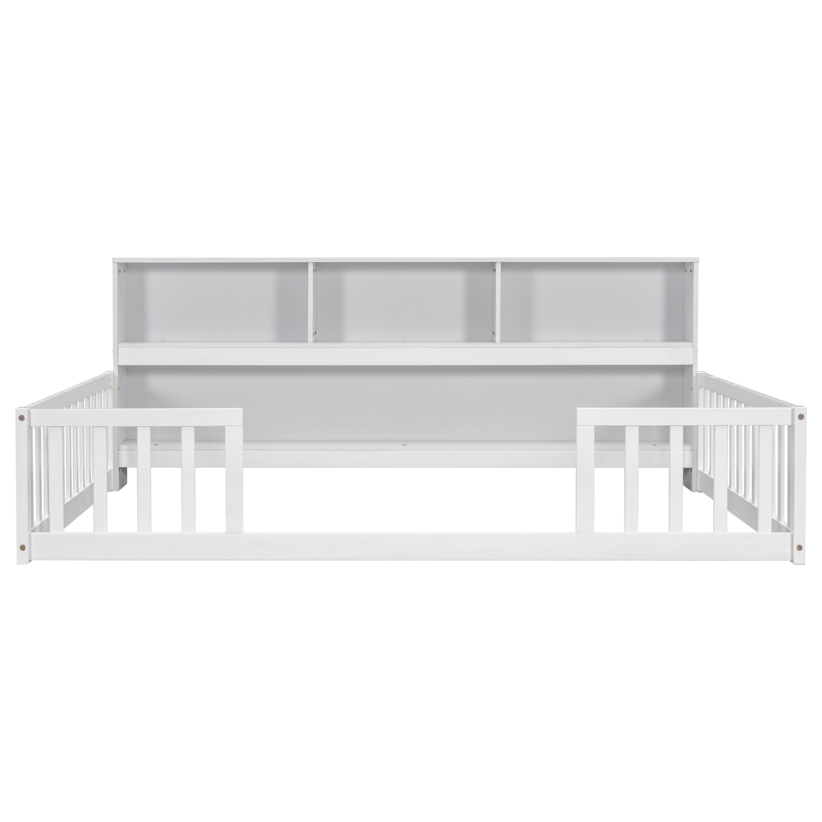 Full Size Floor Bed w/ Bookcase & Guardrails, White, Sturdy Pine Frame