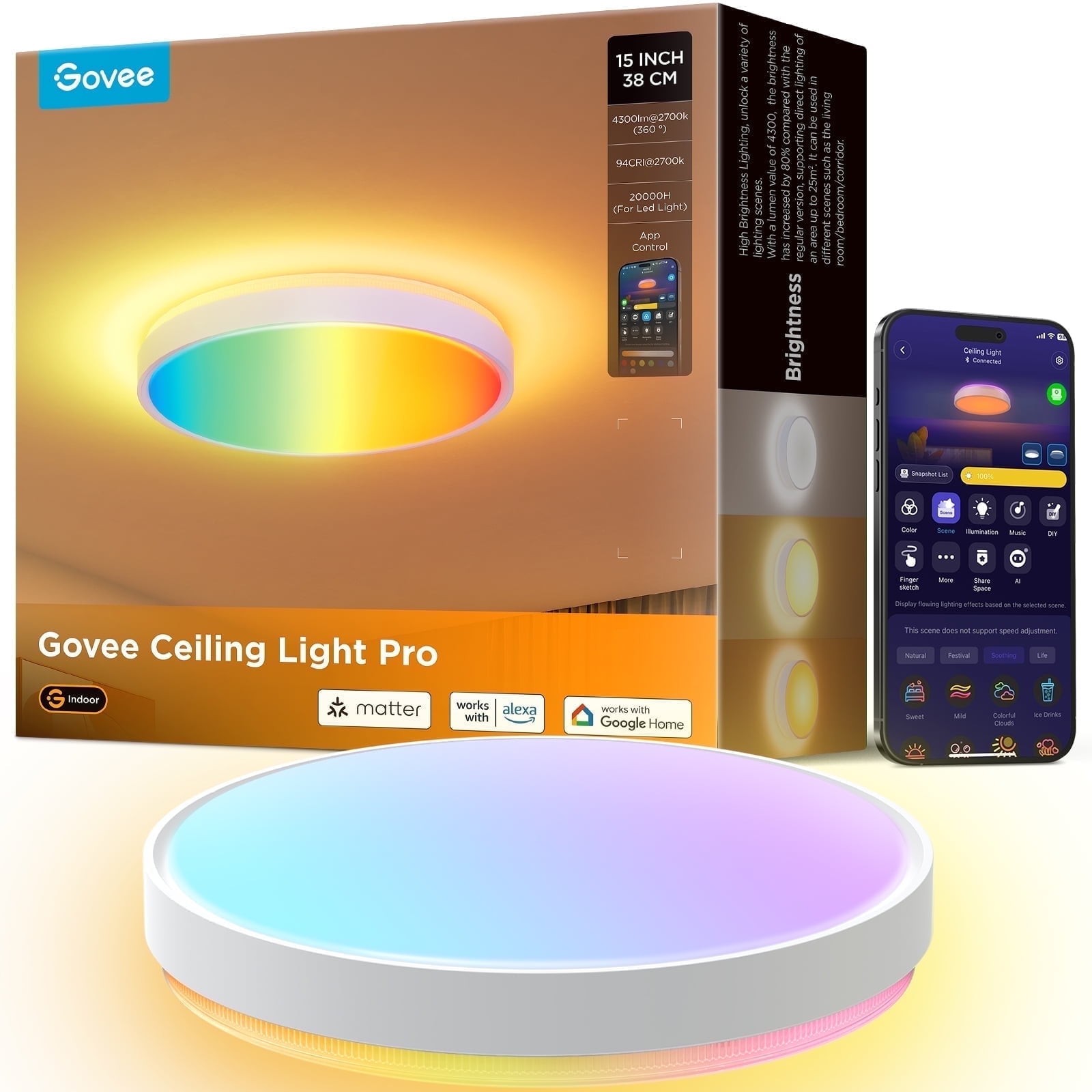 Govee Ceiling Light Pro 15 inch 4300LM RGBICWW Smart Matter 2700K-6500K New!