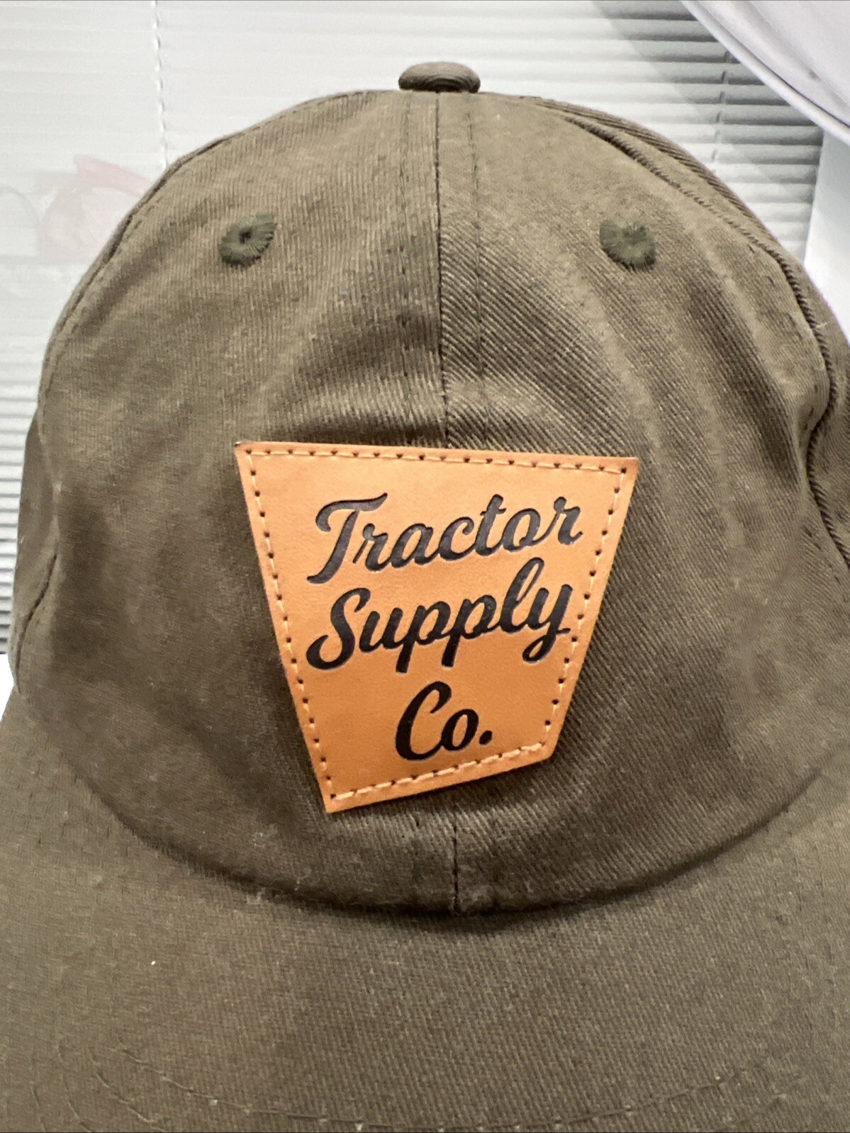 Tractor Supply Co. Leather Patch Olive Green Hat Cap Cotton Strap Buckle EUC