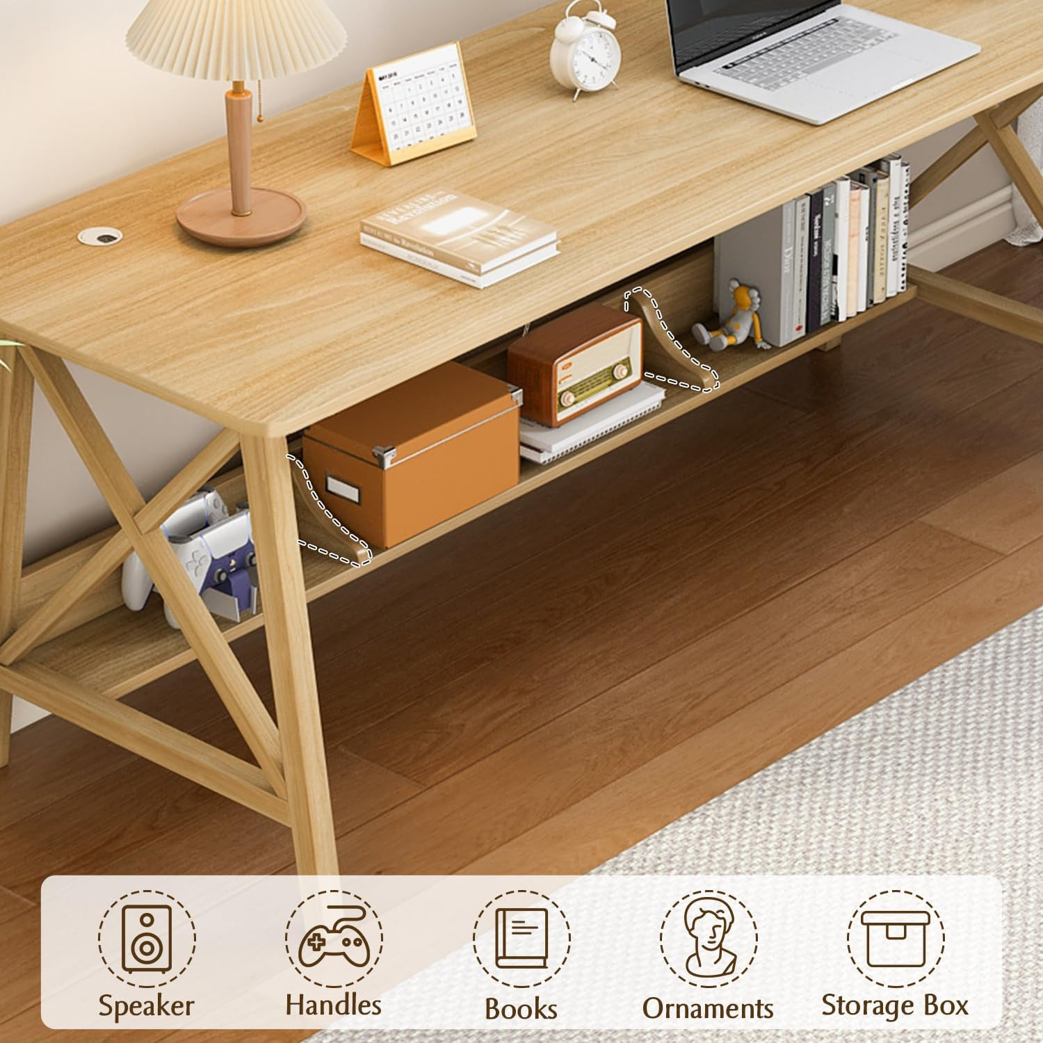 Extra Long Solid Wood Desk with Bookshelf - 63" Home Office Workstation