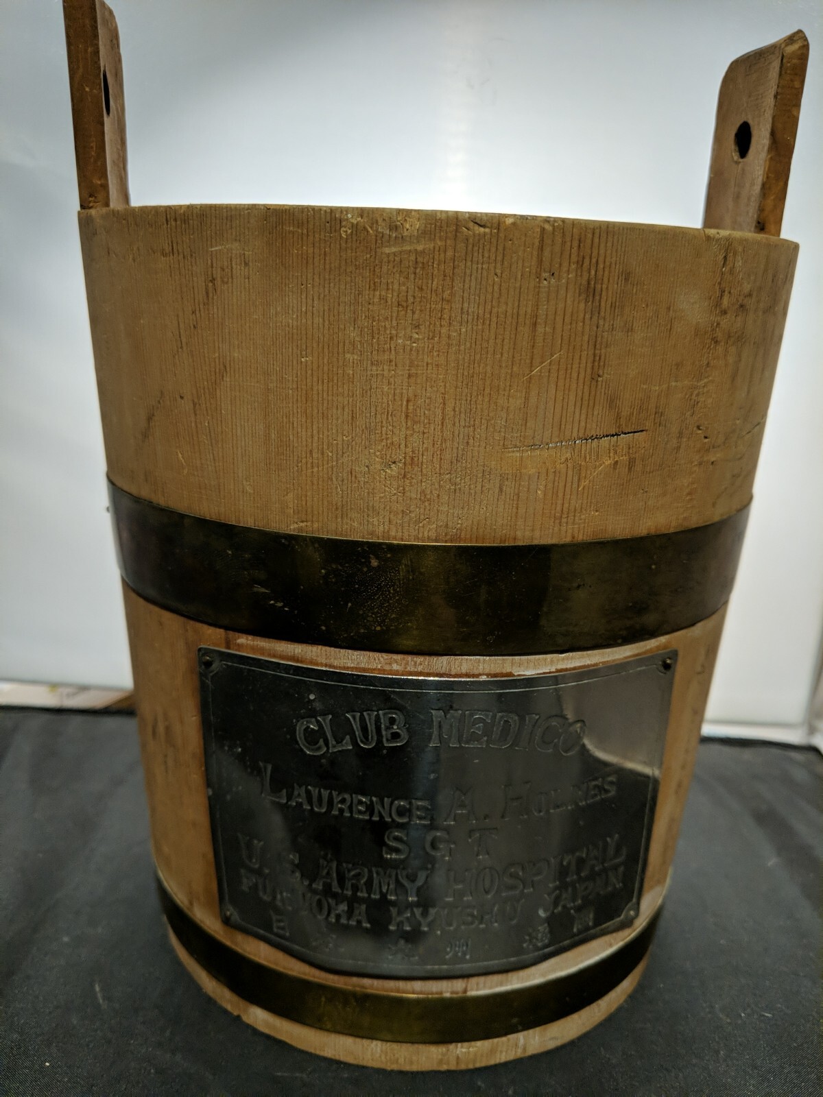 Army Souvenir Wooden Bucket "Club Medico" Army Hospital Fukuoka, signed to SGT