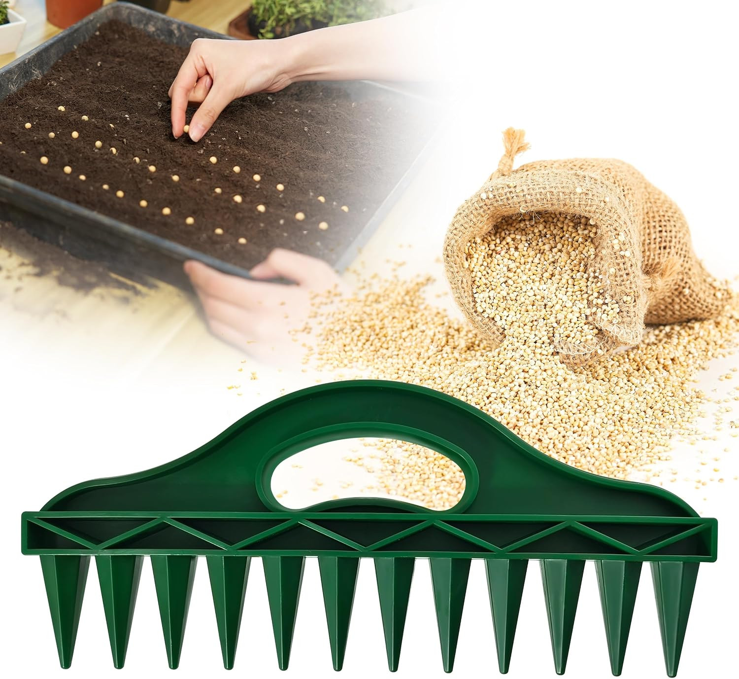 Row Seeder Tool for Precise Seed and Seedling Spacing in Trays and Gardens.