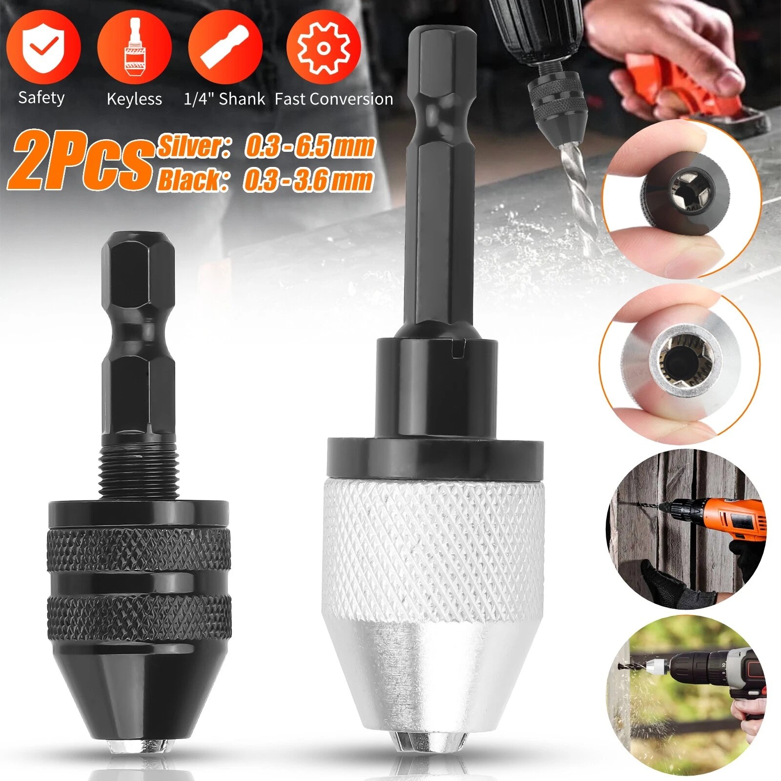 2x 1/4" Hex Shank Keyless Drill Chuck Conversion Adapter Bit Quick Change Driver