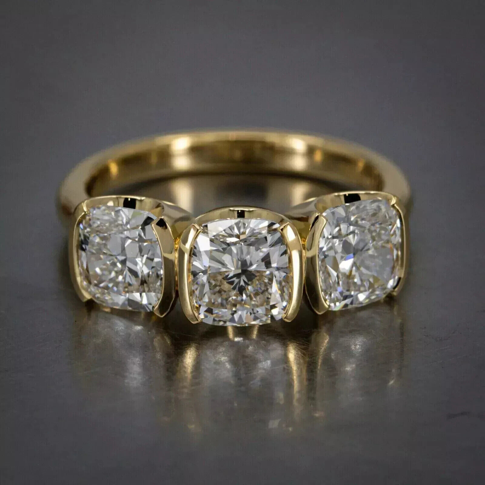 Three Stone Half Bezel Set Ring 14K Yellow Gold Over 2.2 Ct Simulated Diamond