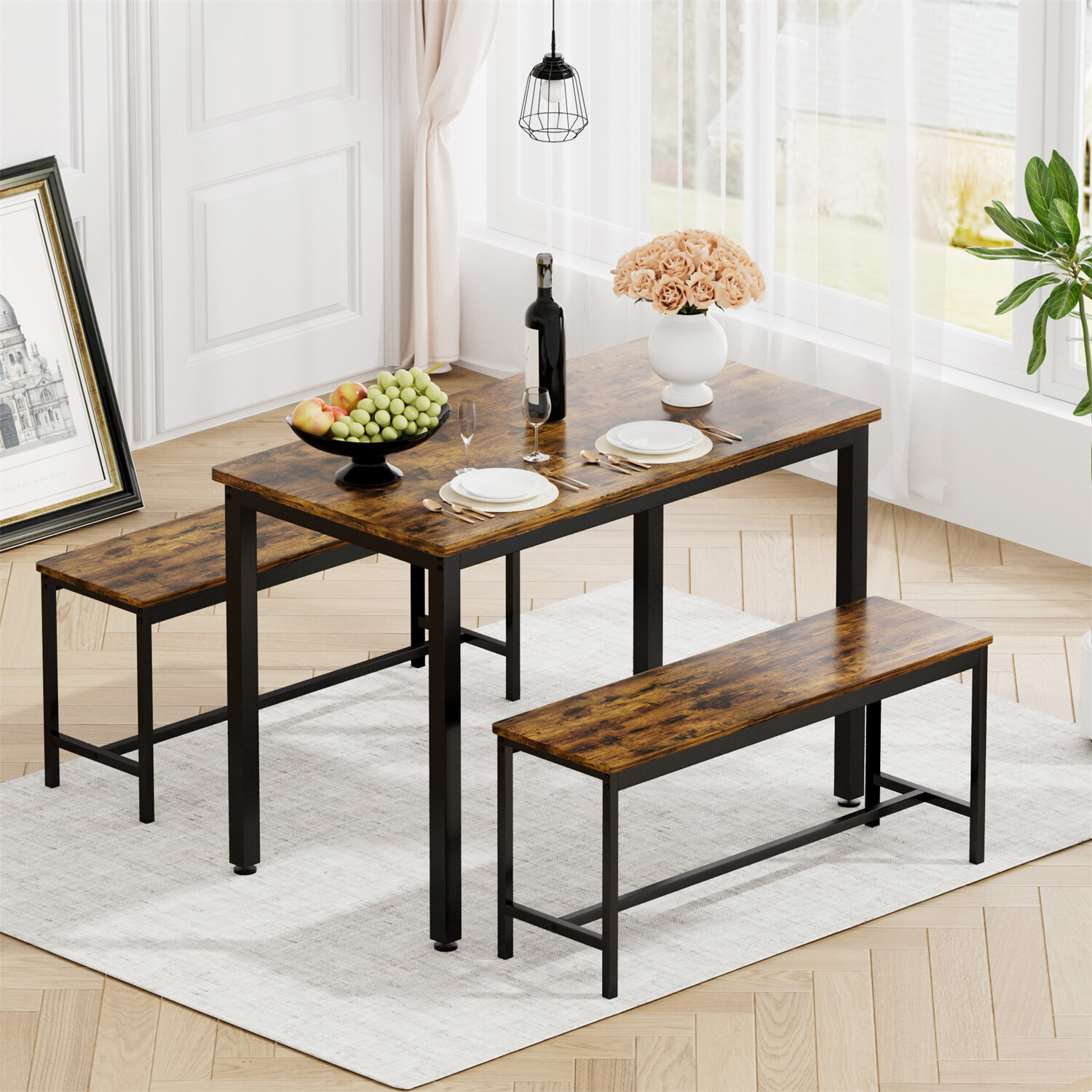 3 Piece Dining Table Set Table w/ 2 Benches Kitchen Breakfast Furniture