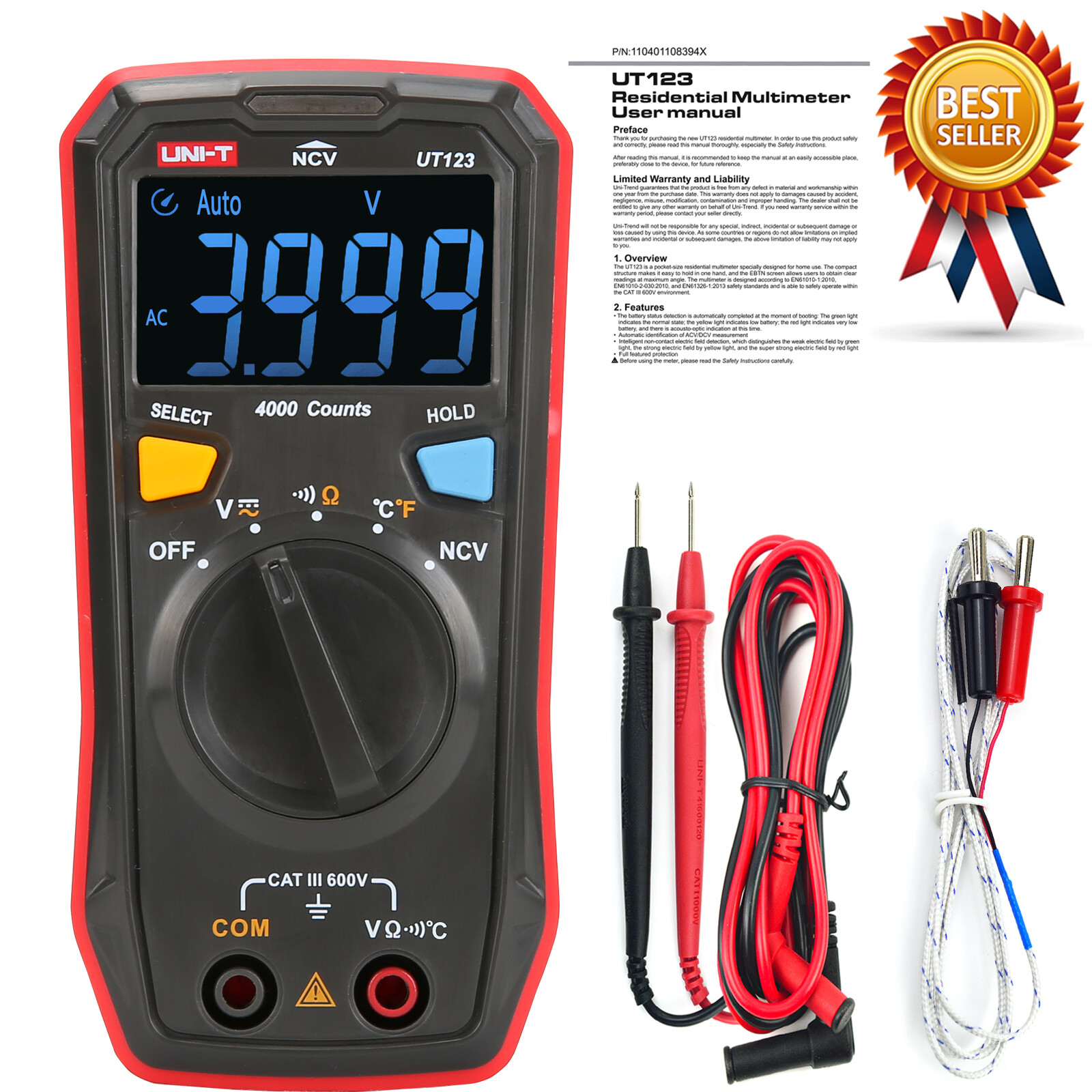 UNI-T UT123 Mini Digital Multimeter Car Range Data Hold AC DC Volt Meter