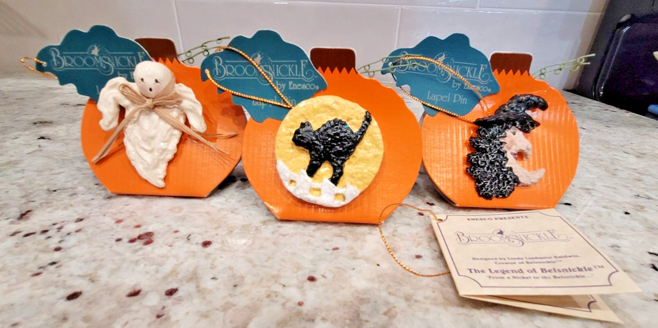 Broomsnickle Lapel Pins Halloween Set * Witch * Ghost * Black Cat * 1998 #452114