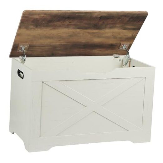 Storage Chest, Wooden Storage Bench, Entryway Shoes Bench Brown + Rustic White