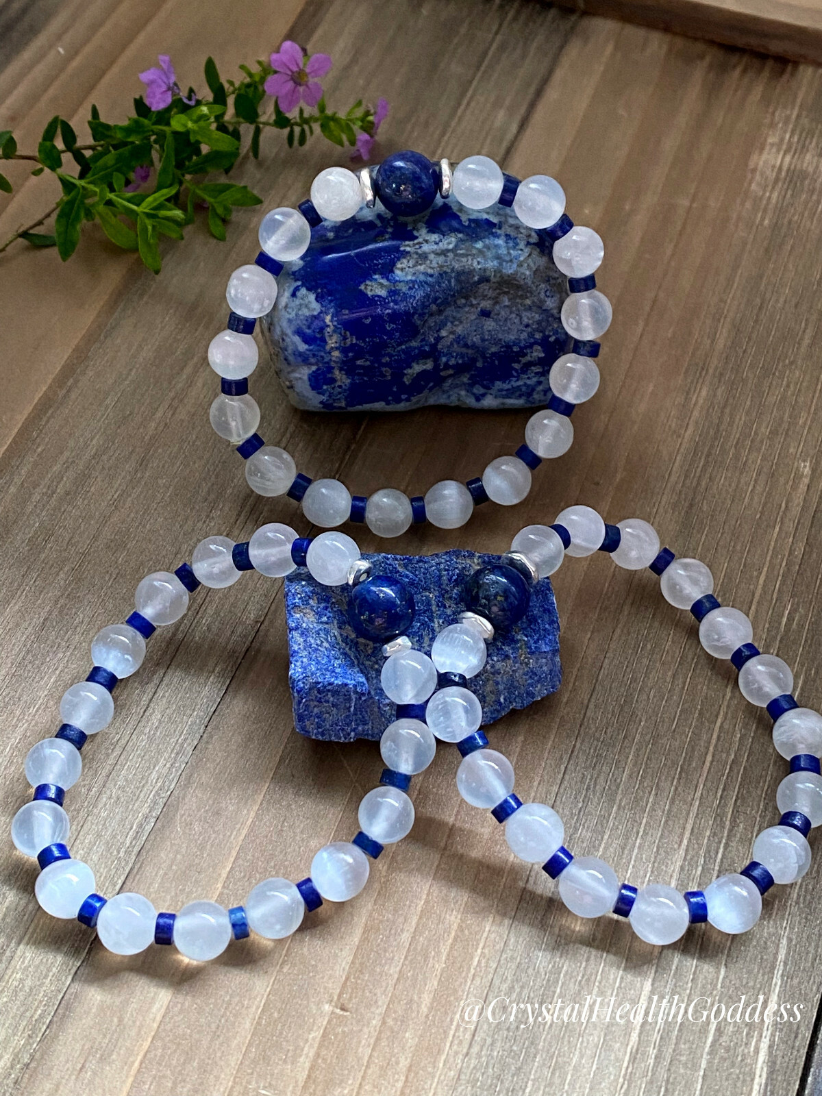 Selenite Lapis Lazuli Bracelet 925 Sterling Silver