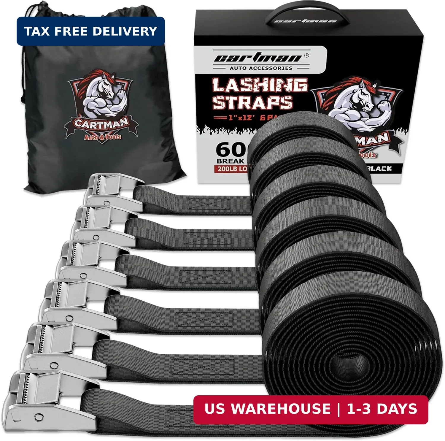 Cartman 1" x 12' Lashing Straps Cargo Tie-Down Strap Up to 600lbs, 6pk in Carry