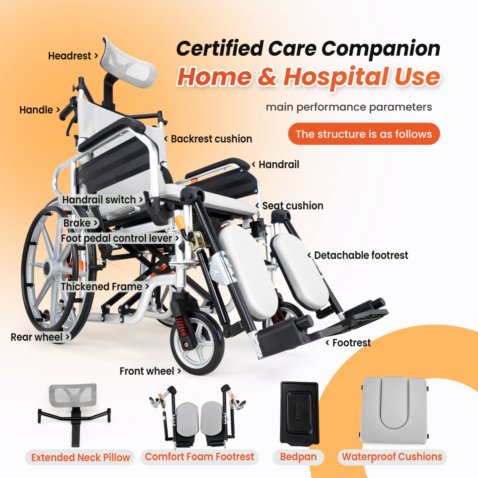 3-in-1 Multi-Purpose Wheelchair, Foldable Transport Wheelchair, Support 265 lbs
