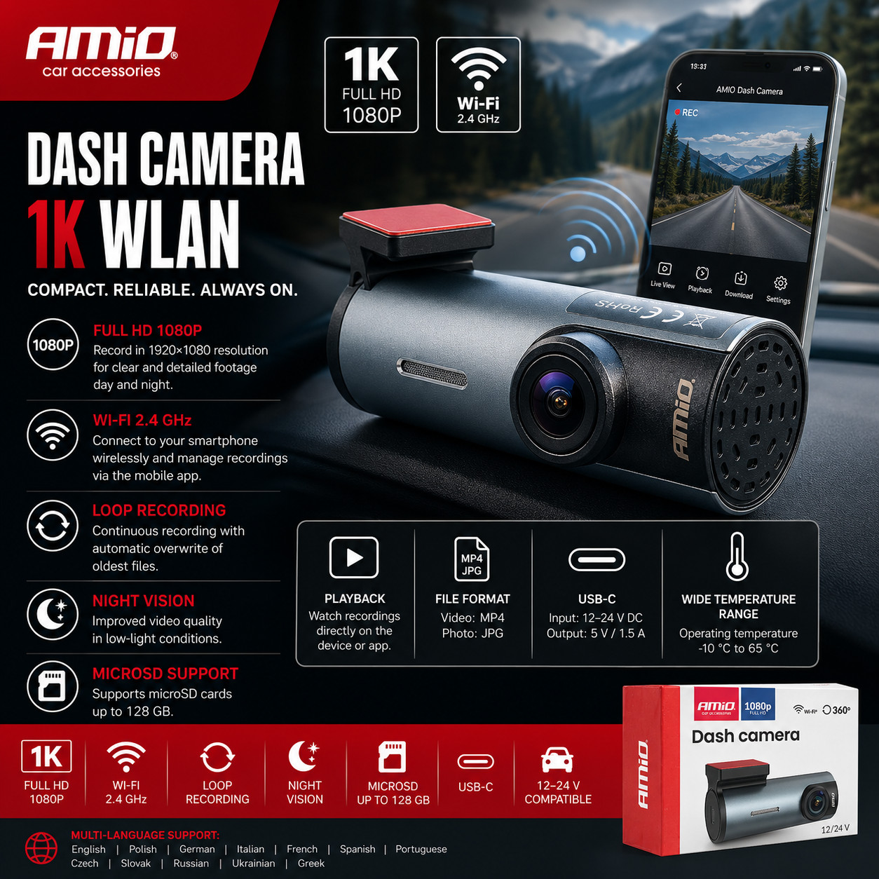 Dash Camera 1K WLAN Full HD 1080P WiFi Car Dash Cam Night Vision AMiO