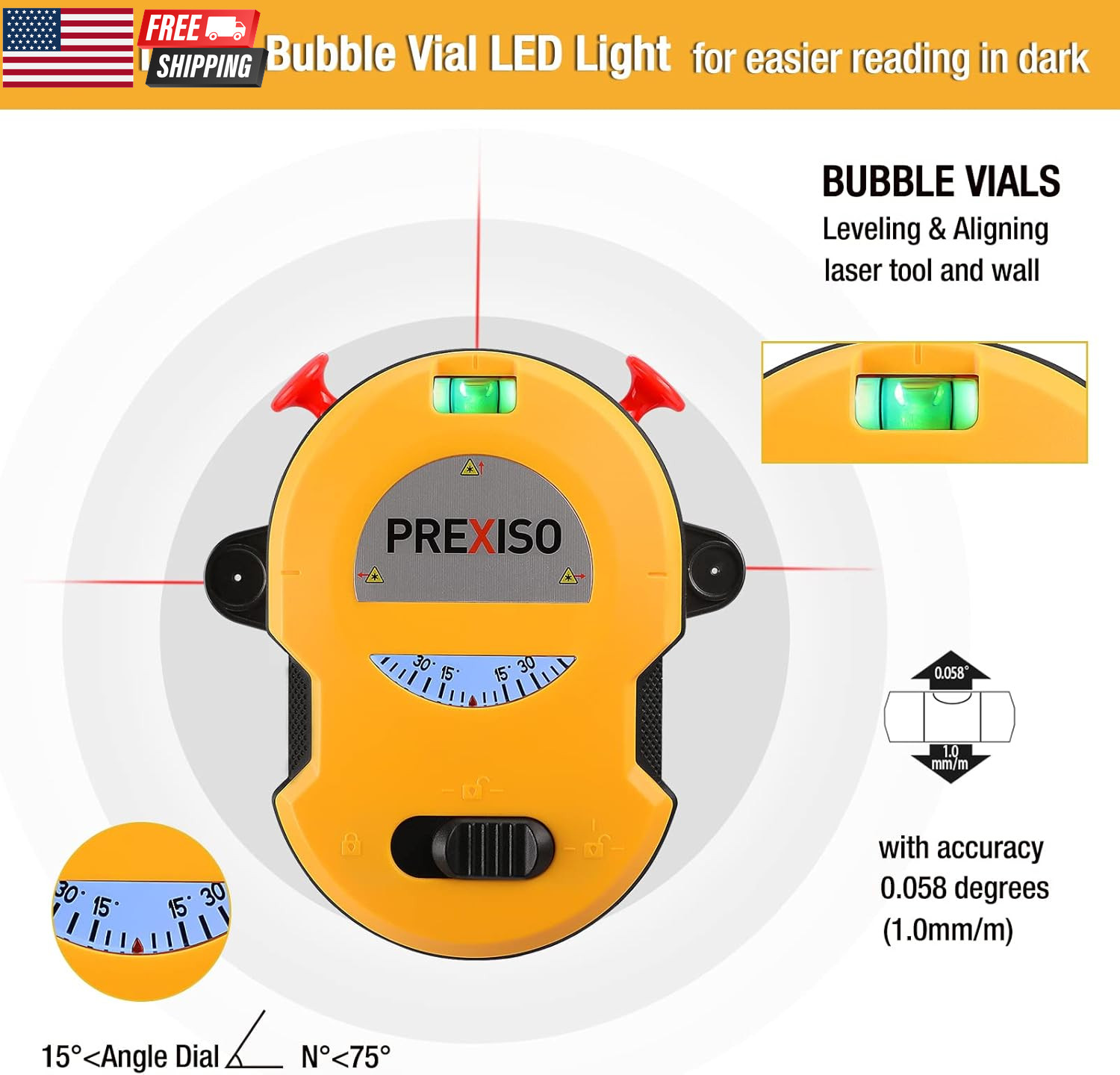 Multi Surface Laser Level LED Light Vial, 30Ft Horizontal & Vertical Line Laser