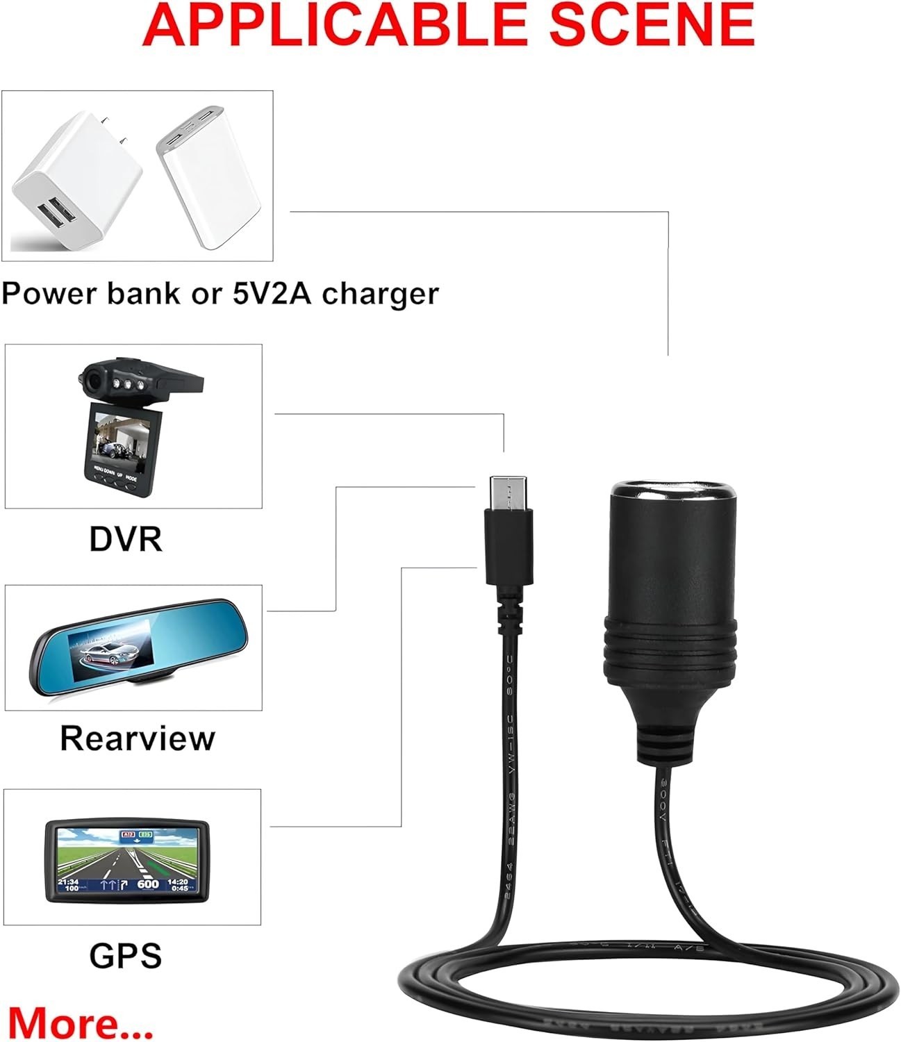 12V USB-C Car Cigarette Adapter - 65W PD Power Cable