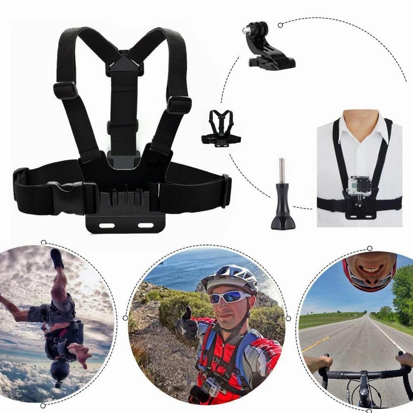 3 in 1 Action Camera Accessories Kit-Head Strap Mount Chest Harness Selfie stick