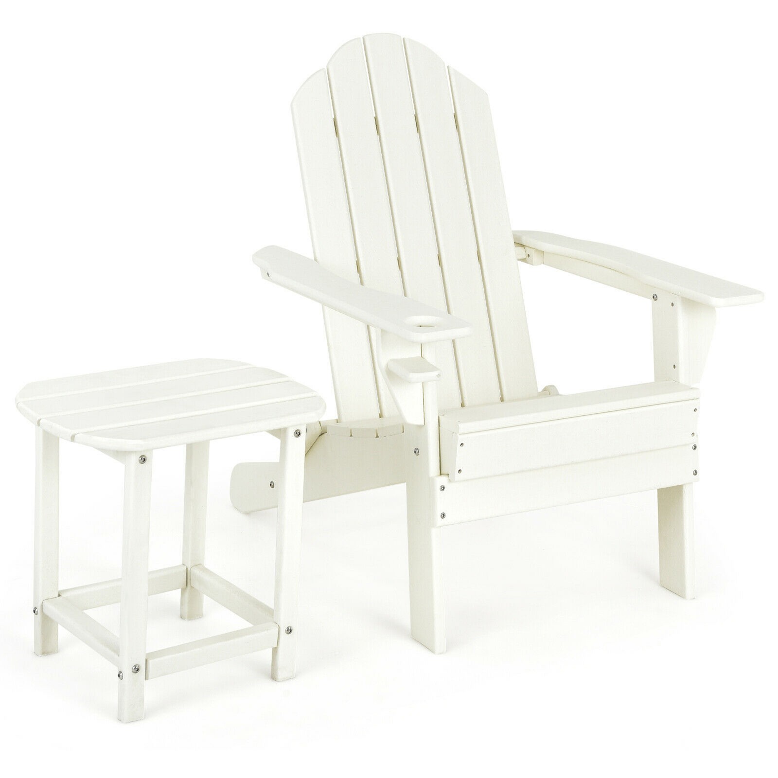 2PC Patio Folding Adirondack chair Side Table Cup Holder Poolside White