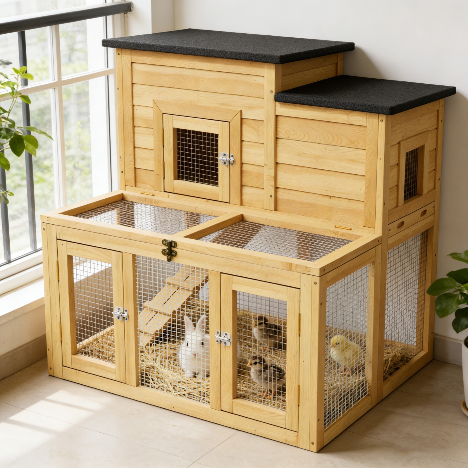 Large Outdoor Wooden Quail Cage Rabbit Hutch Chicken Coop with Run & Ramp，2 Tier
