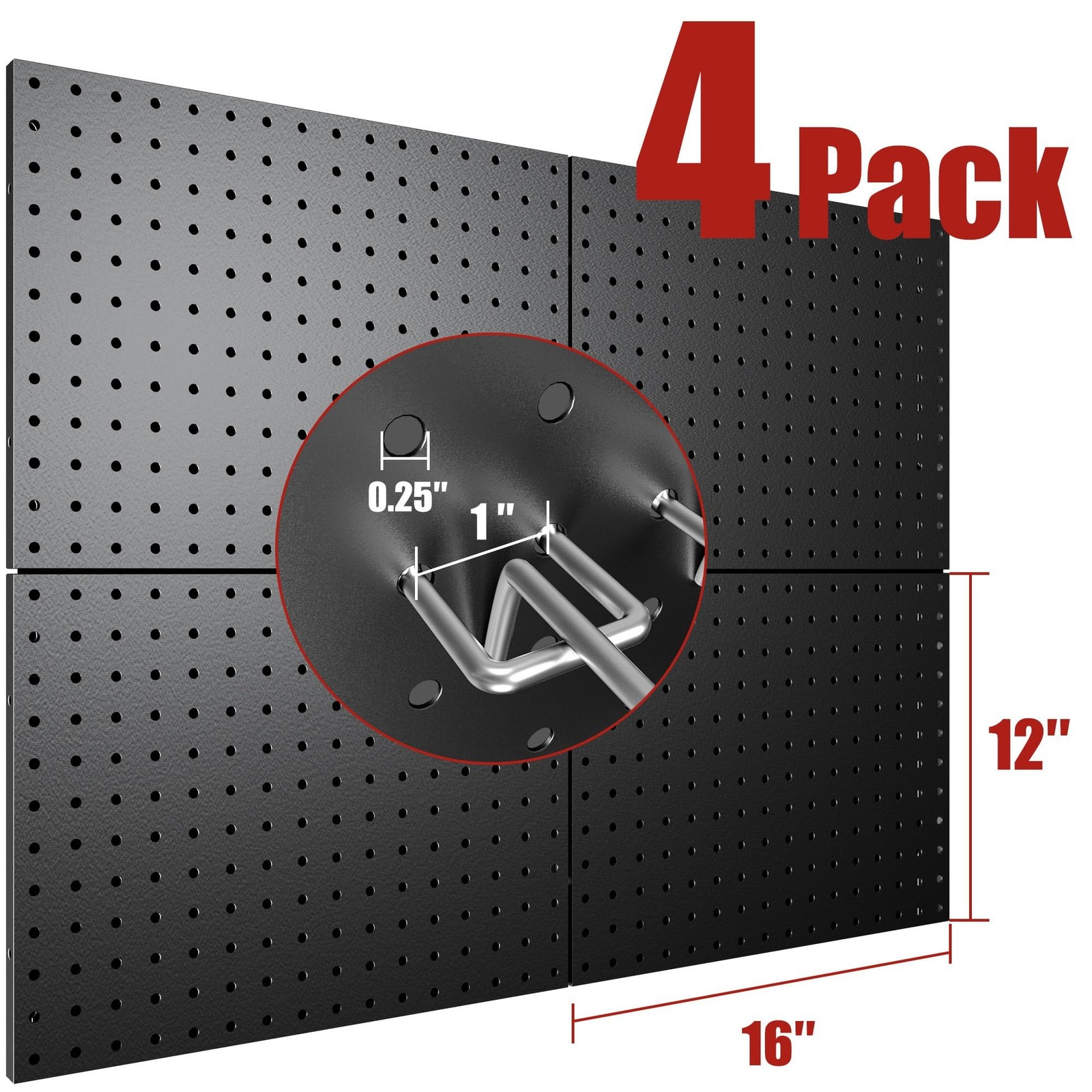 4 Pack Metal Pegboard Panels with 50 Hooks, Black Pegboard Wall Organizer, Pe...