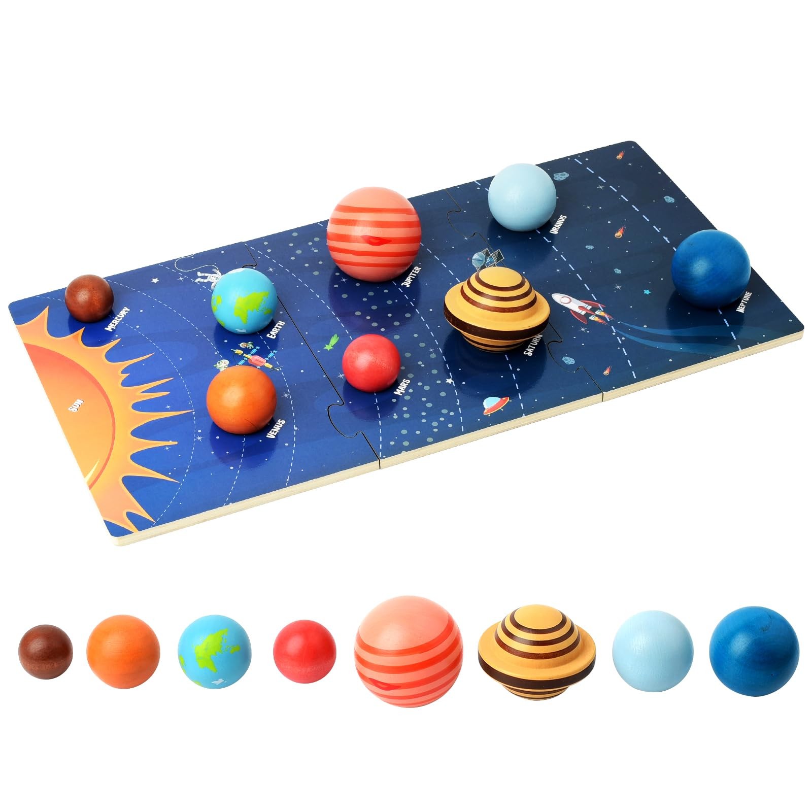 Wooden Solar System Model Board, Montessori Toys Planets Puzzle Science STEM Spa