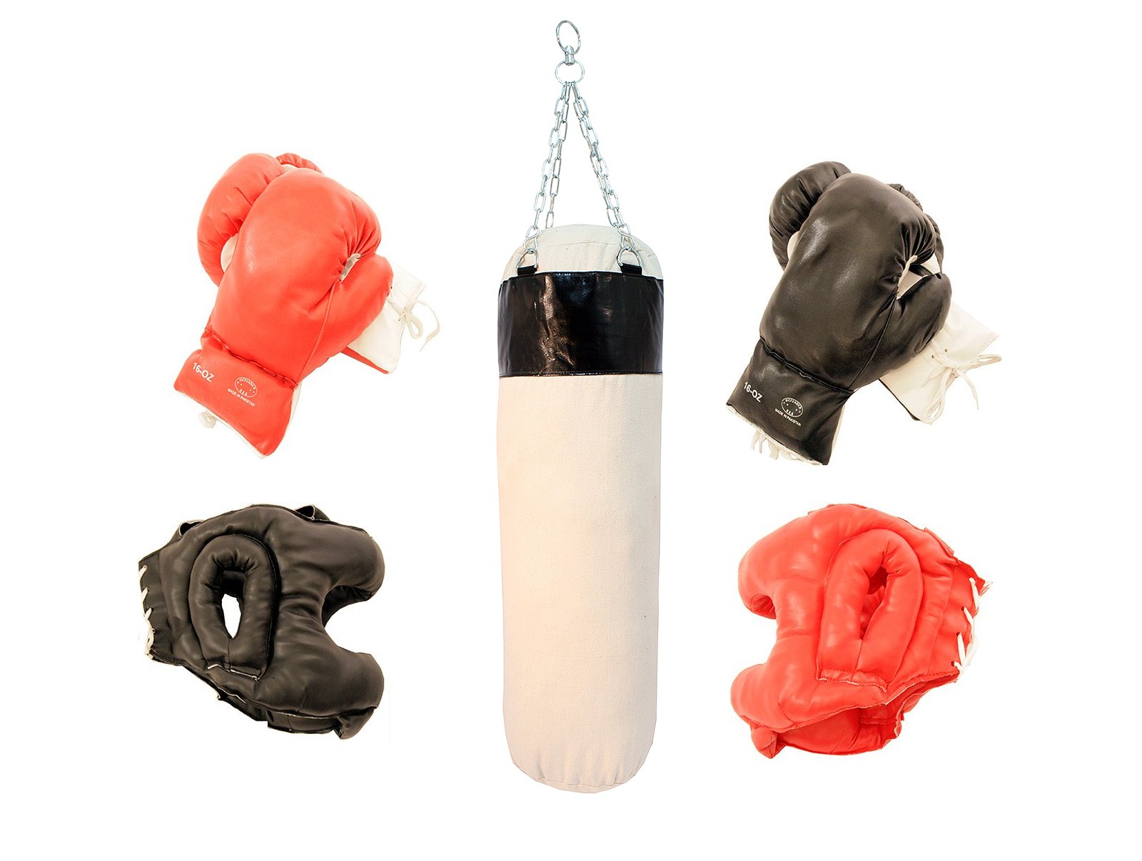 2 Pairs Red/Black Boxing Gloves with 2 Head Gears and Punching Bag Practice Cust