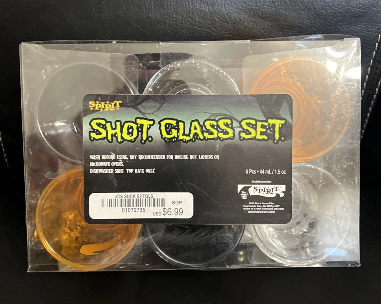 Shot Glasses Set Of 6 Plastic Spirit Halloween 2 orange 2 black 2 clear 1.5 oz