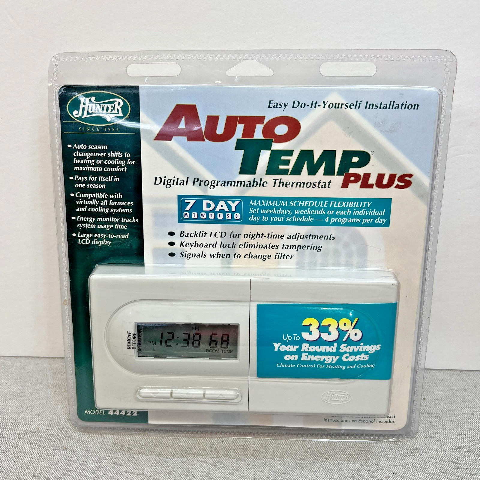 Hunter Auto Temp Plus Programmable Digital Thermostat Model #44422 Sealed