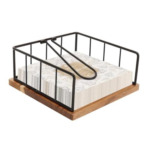 Flat Napkin Holder, Metal Kitchen Napkin Storage with Weighted Wood Black