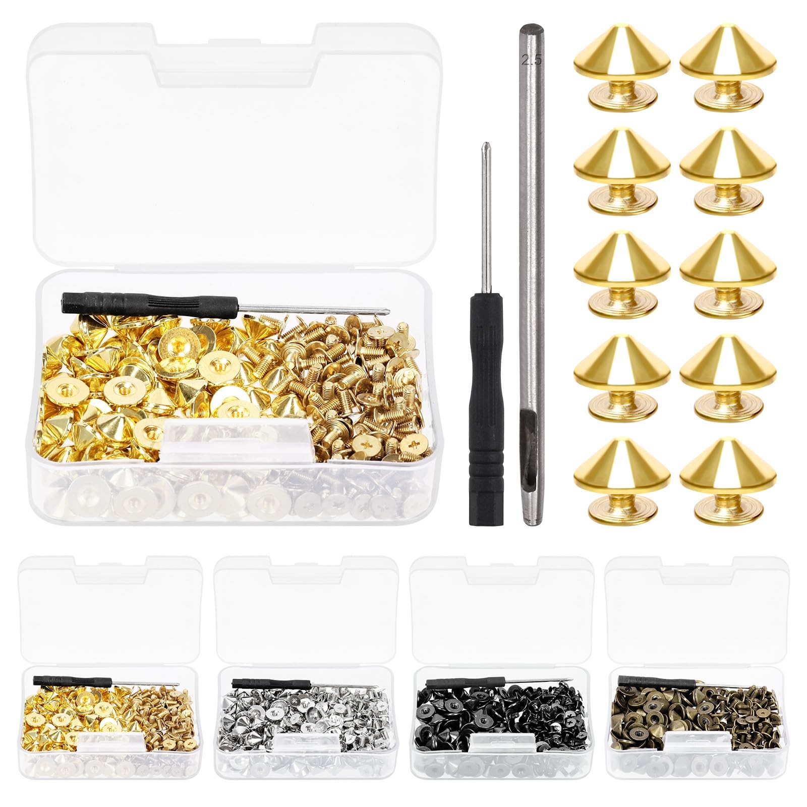 100 Sets Gold Cone Spikes Studs Kit 4.7mm Bullet Screw Back Punk Leather