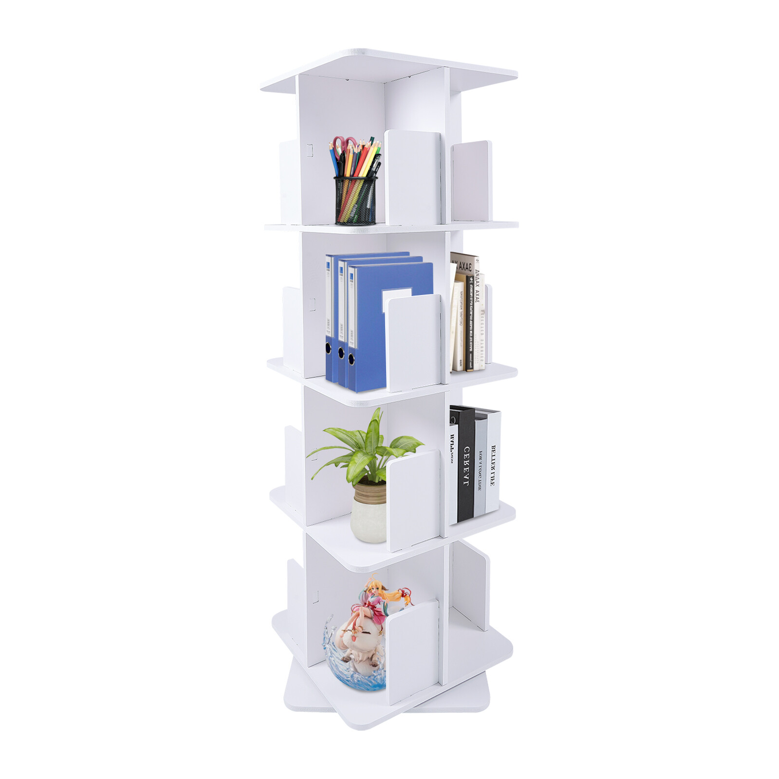 4-Tier White 360° Rotating Bookshelf Standing Bookcase Small Corner Bookcase